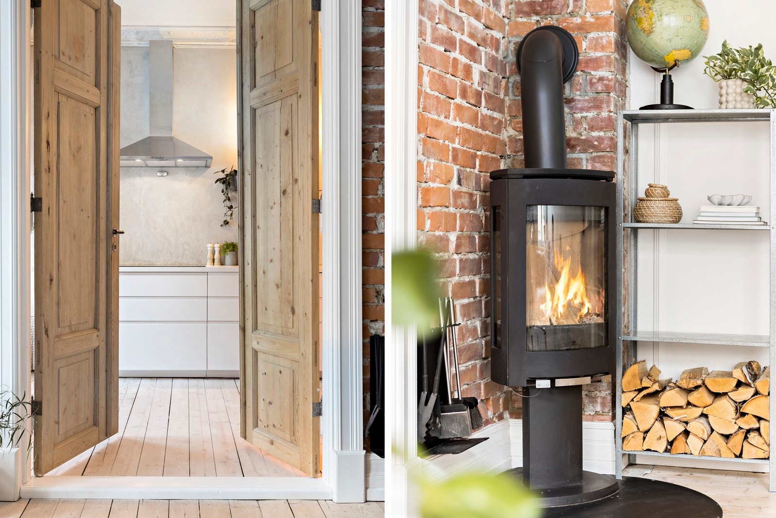 Vakre fløydører og rentbrennende ovn i solid støpejern fra Jøtul medfølger i leiligheten. Galleribilde