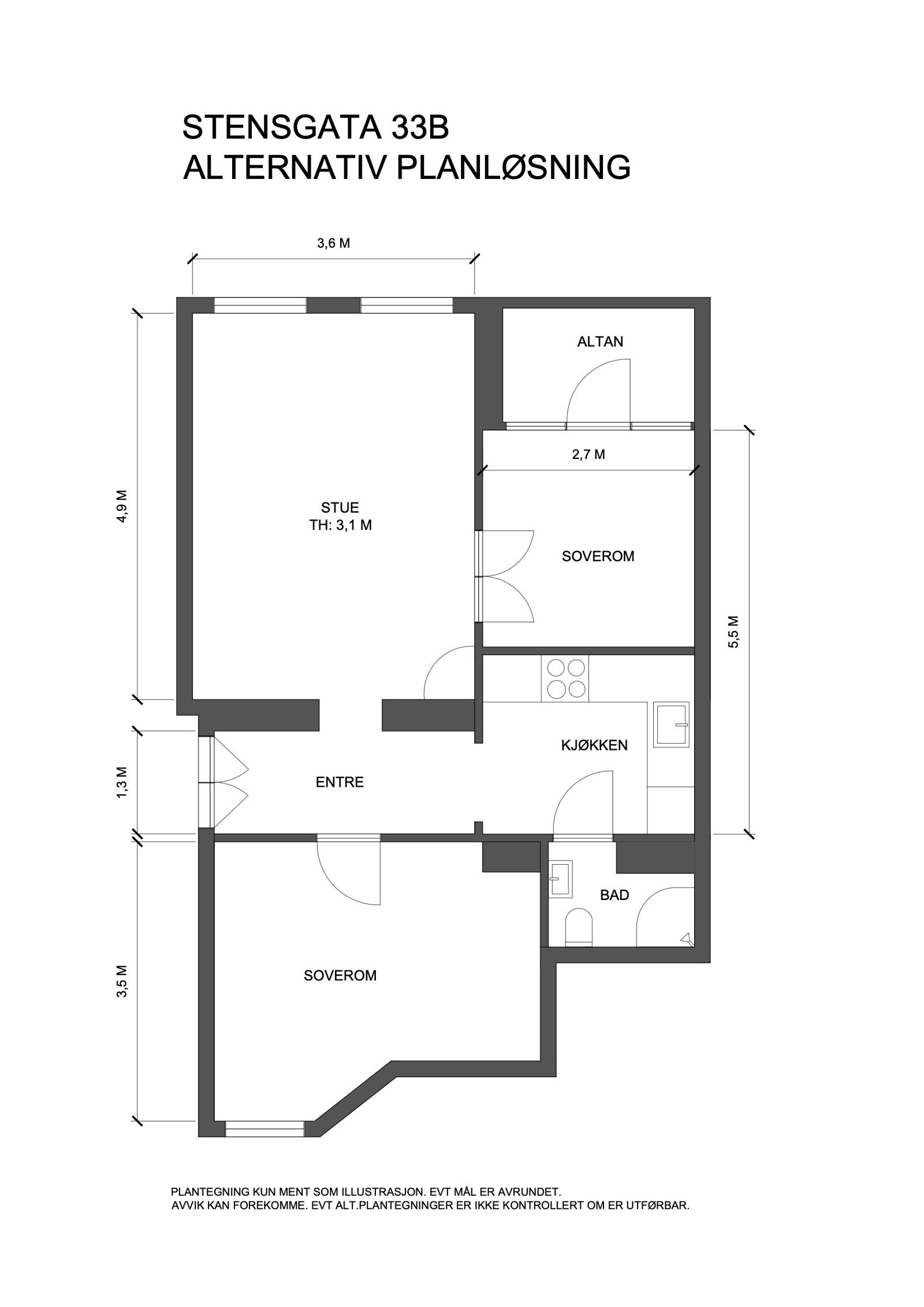 Alternativ planløsning for 3-roms. Galleribilde