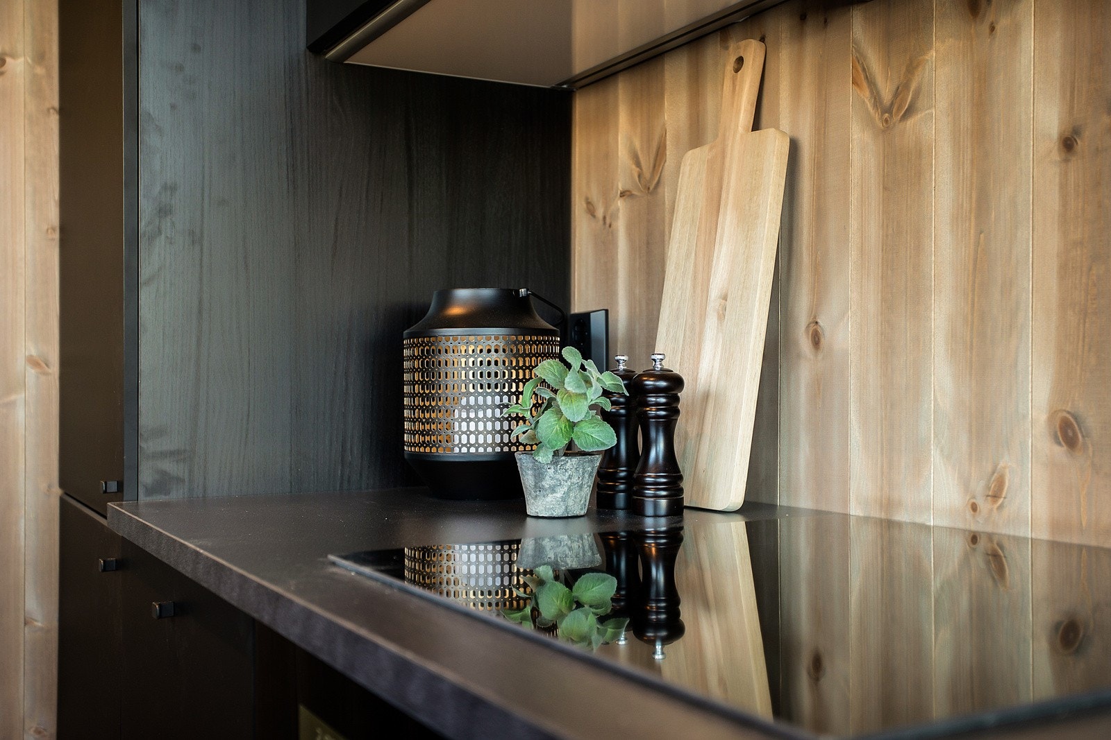 Integrete hvitevarer som induksjonstopp, stekeovn, oppvaskmaskin og kjøleskap med frysedel. Galleribilde