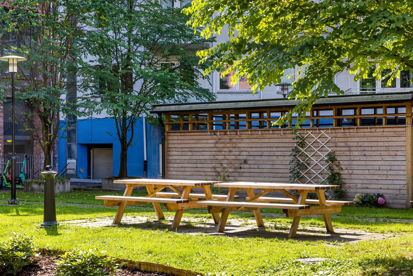 Grøntareal i felles gårdsrom med sosiale sittegrupper Galleribilde