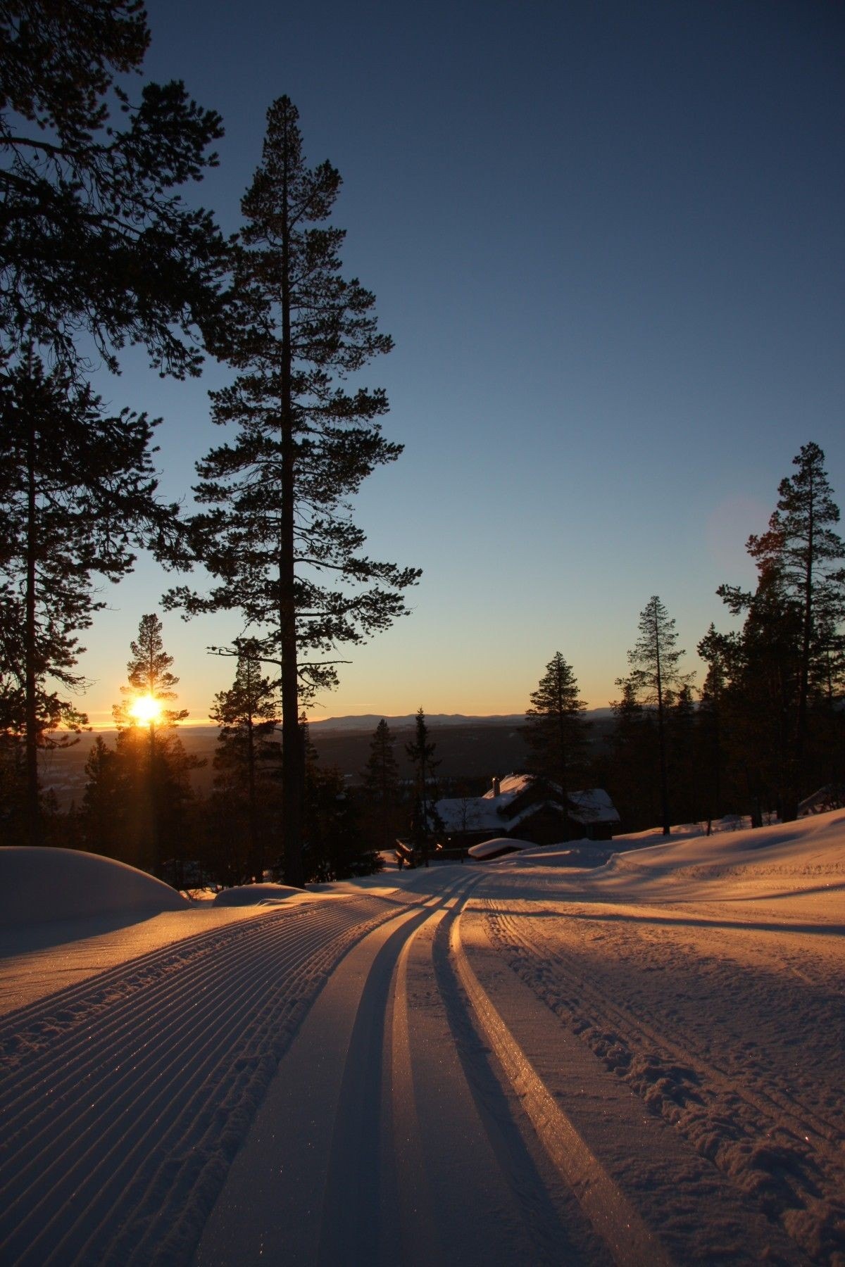 Skitur i solnedgang Galleribilde