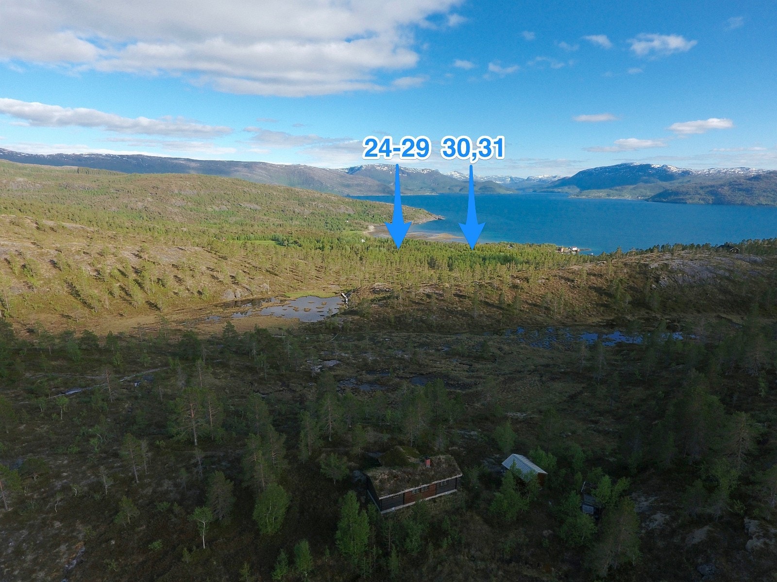 Tilsvarende utsnitt som forrige bilde med omtrentlig plassering av tomtene 24 til 31 Galleribilde