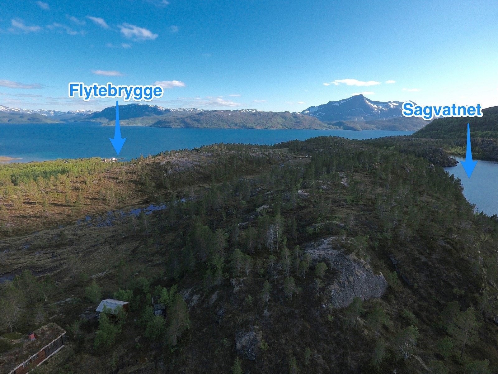 Tilsvarende utsikt mot sør som siste bilde med plassering av flytebrygge og Sagvatnet Galleribilde