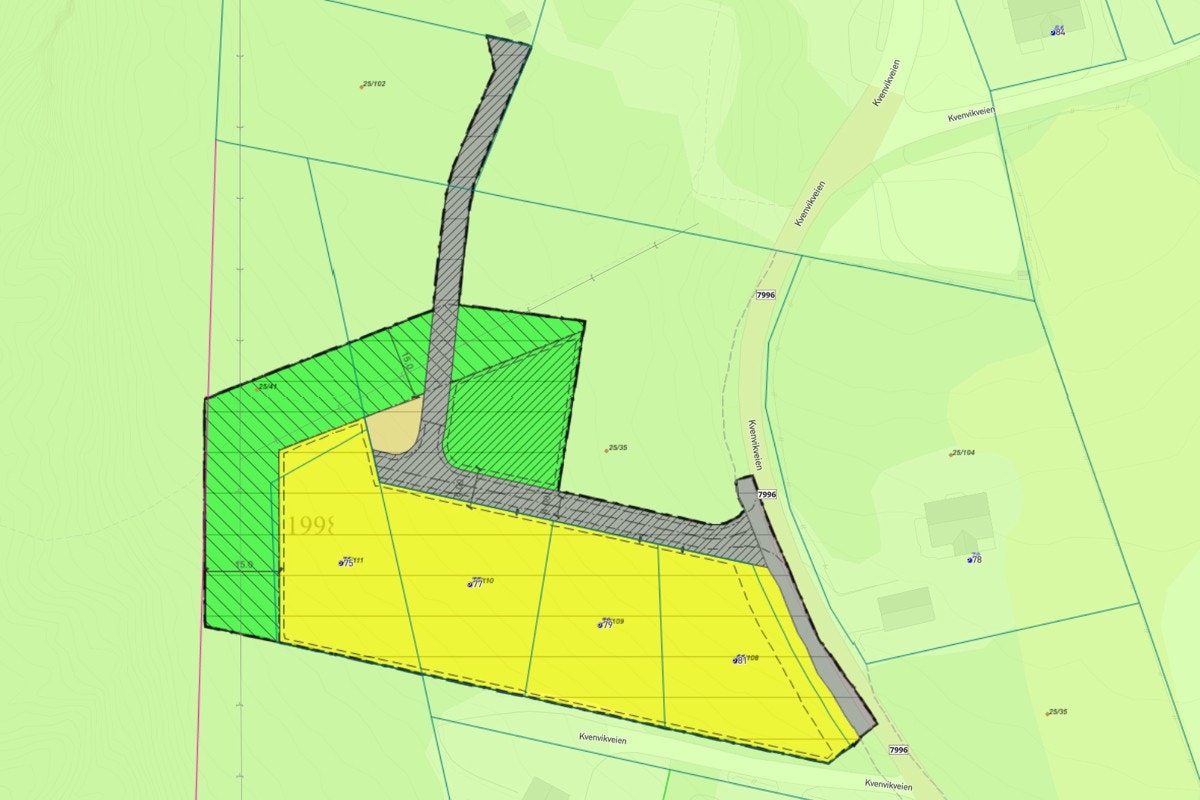 Kartutsnitt som viser eiendommen med vei som vil bli opparbeidet på nersiden av tomten. Galleribilde