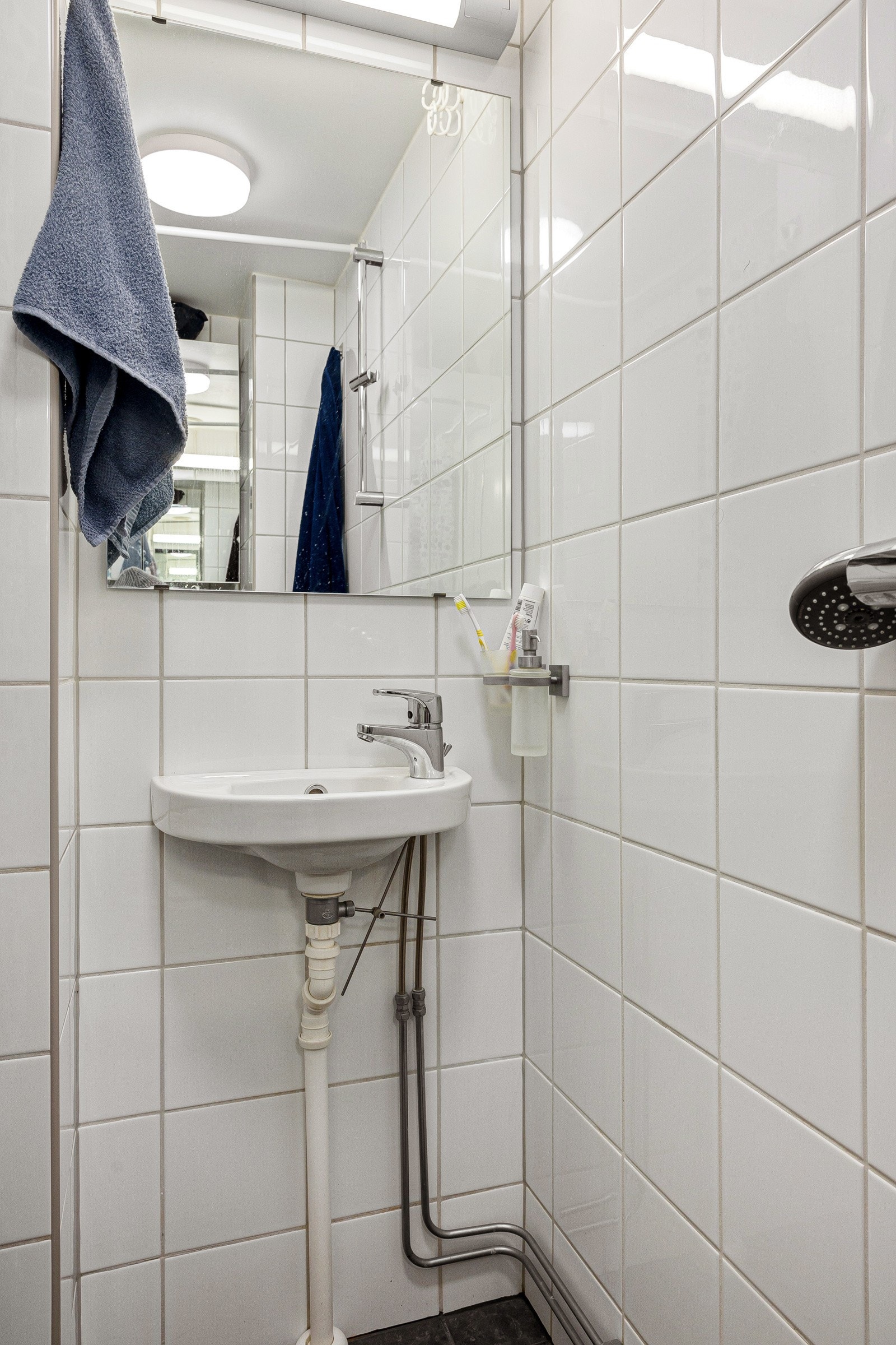 Rommet er utstyrt med speil, speilskap, servant og dusj. Galleribilde
