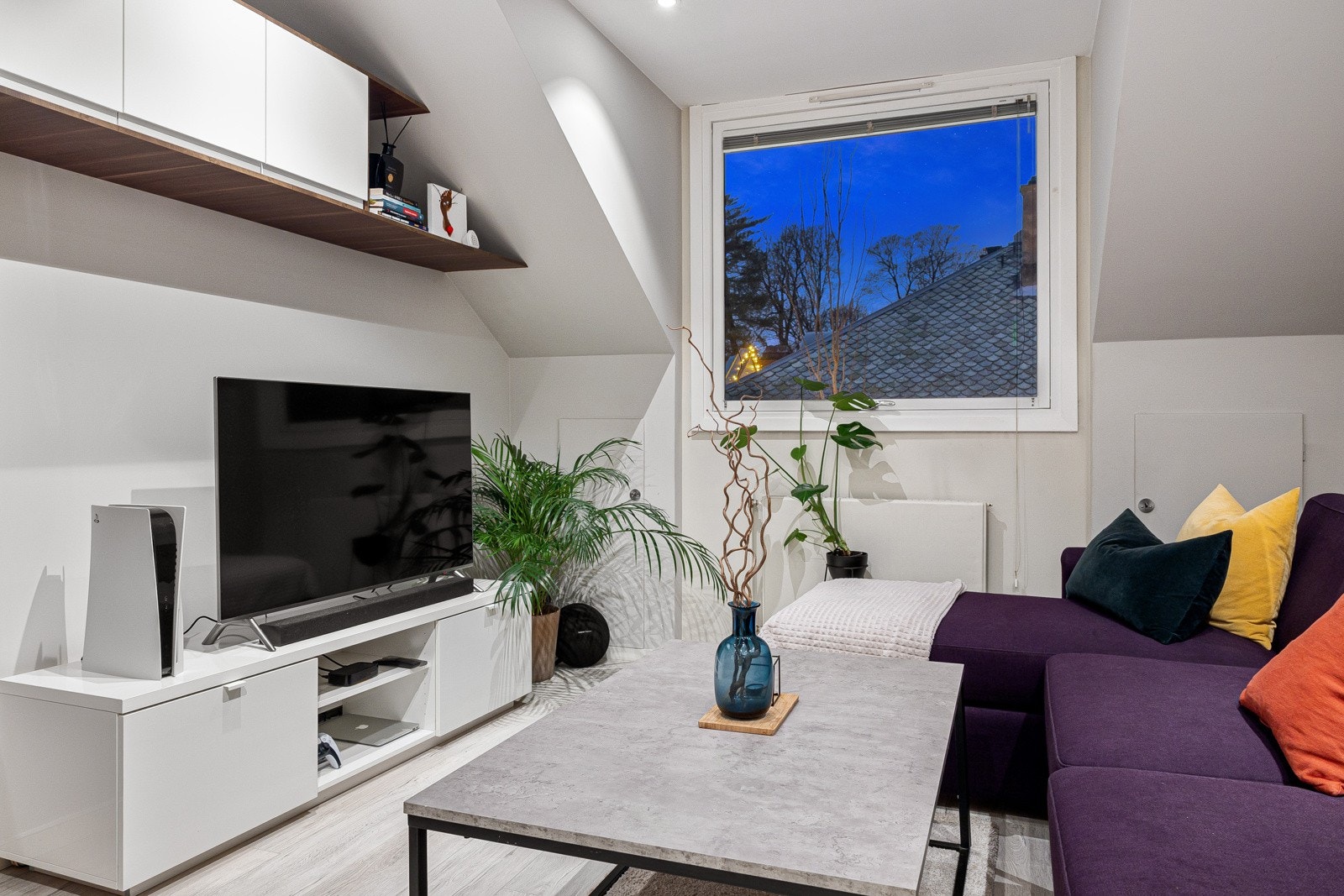Stuen har veggskap over tv-området og plass til sofaløsning eller seng med tilhørende møblement. Galleribilde