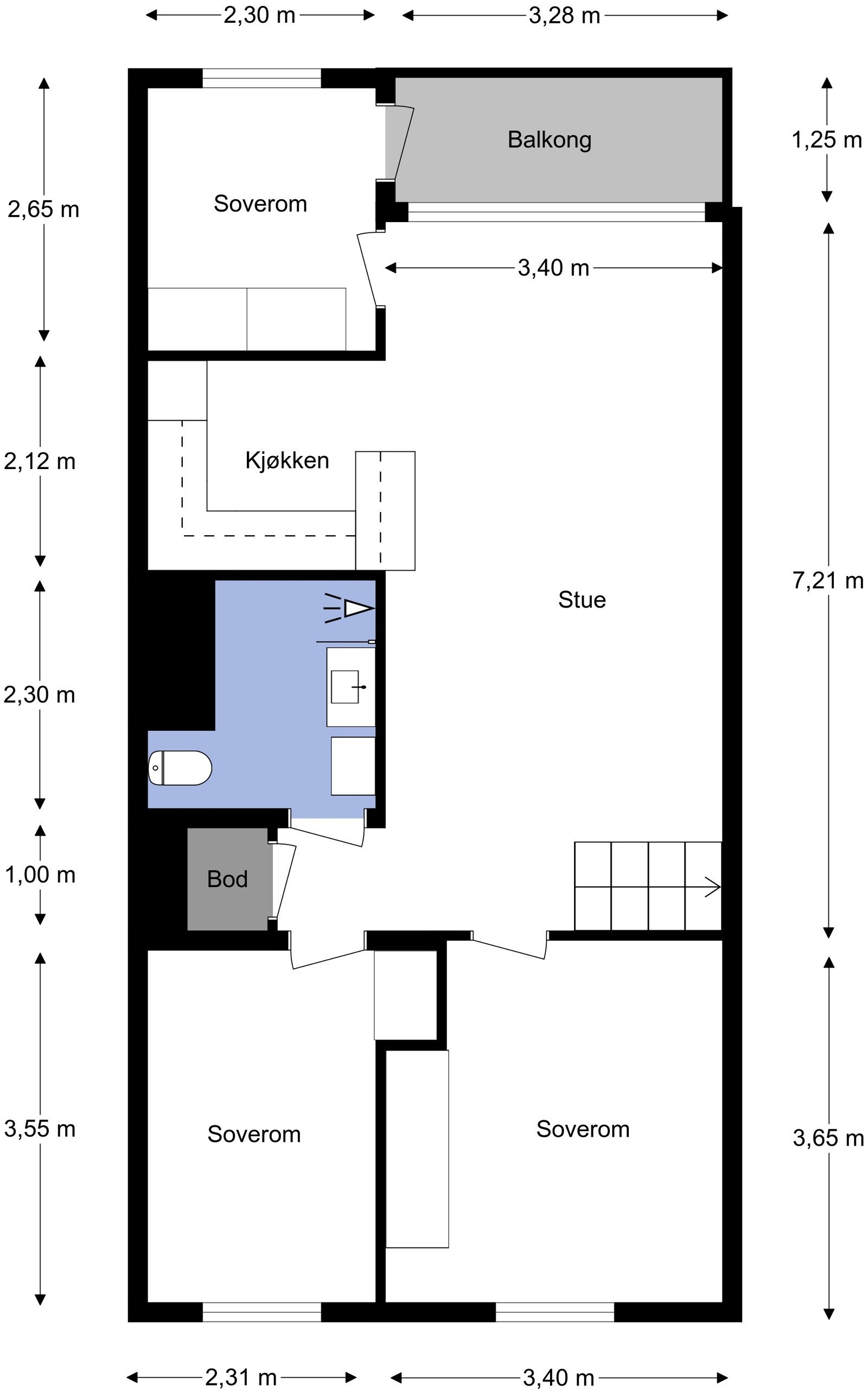 Leiligheten går over to plan, hvor inngangspartiet befinner seg i femte etasje, mens leiligheten i sin helhet ligger i fjerde etasje. Galleribilde