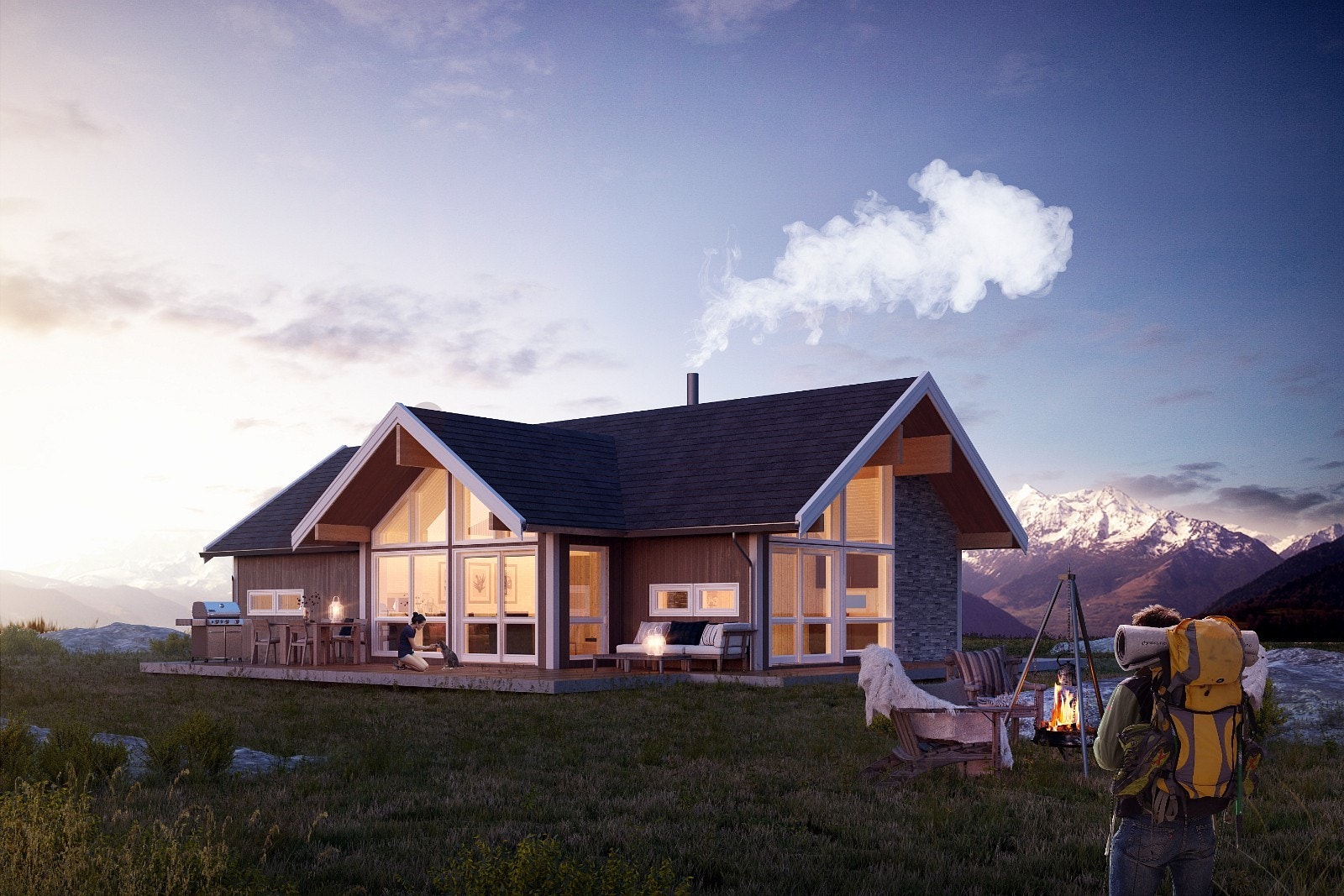 Arkitekttegnet fritidsbolig plassert på en av tomtene. Galleribilde