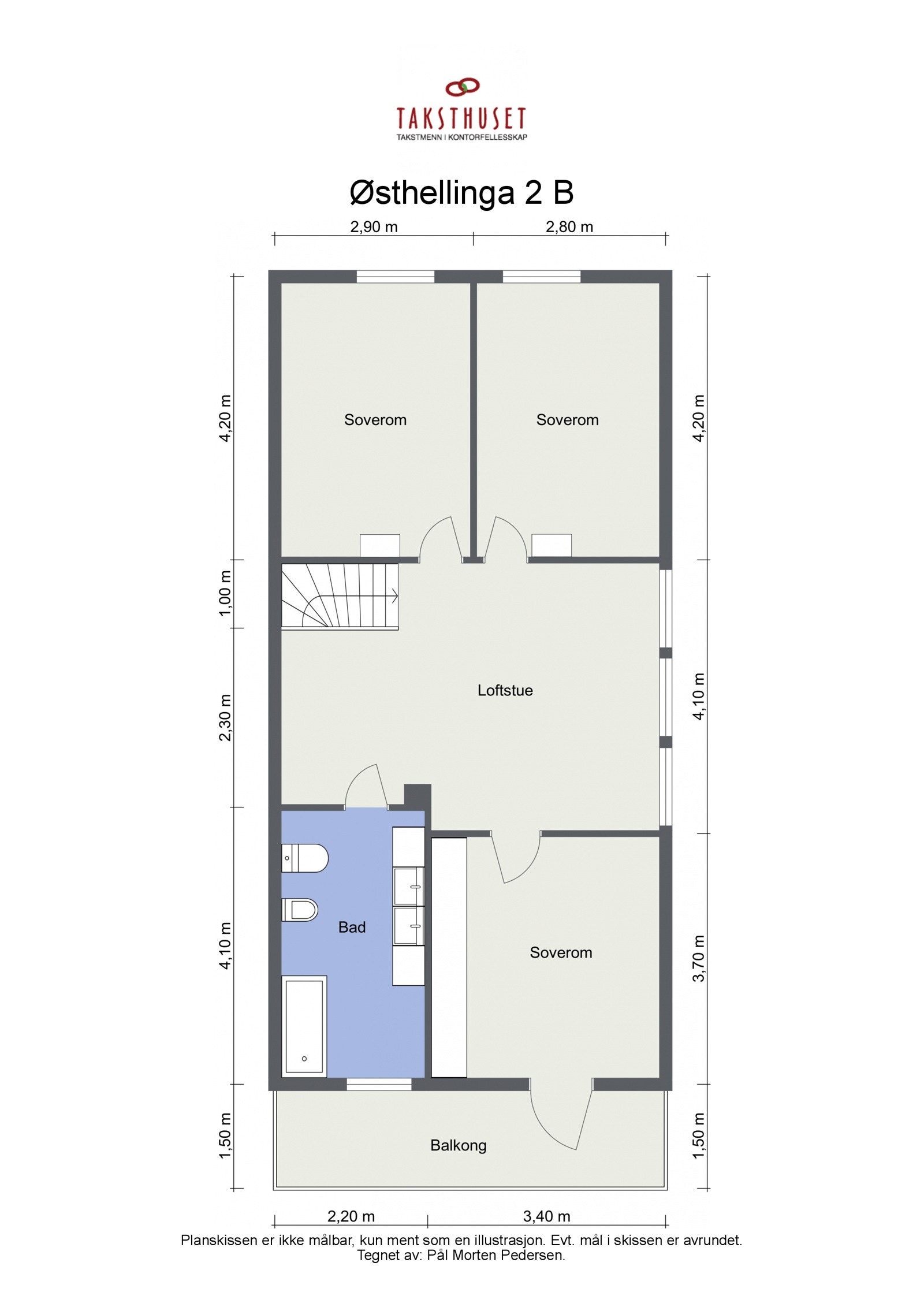 2. etasje (71 kvm p-rom): Loftstue, bad, 3 soverom. Galleribilde