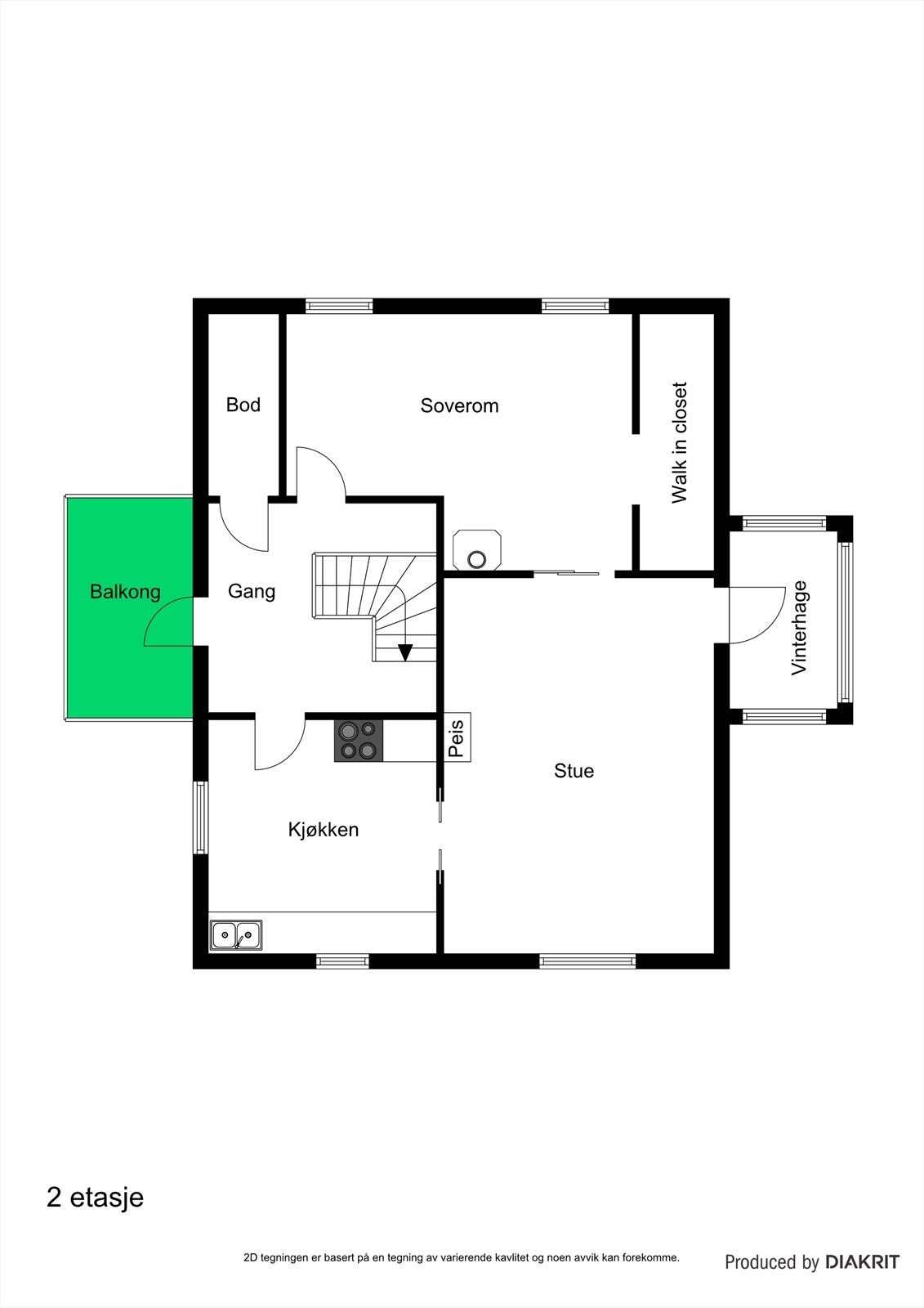 Plantegning 2. etasje. Rommene var trolig opprinnelig byggemeldt som loft og innredning av rommene til bruk for varig opphold er antakelig ikke bruksendret/godkjent. Galleribilde