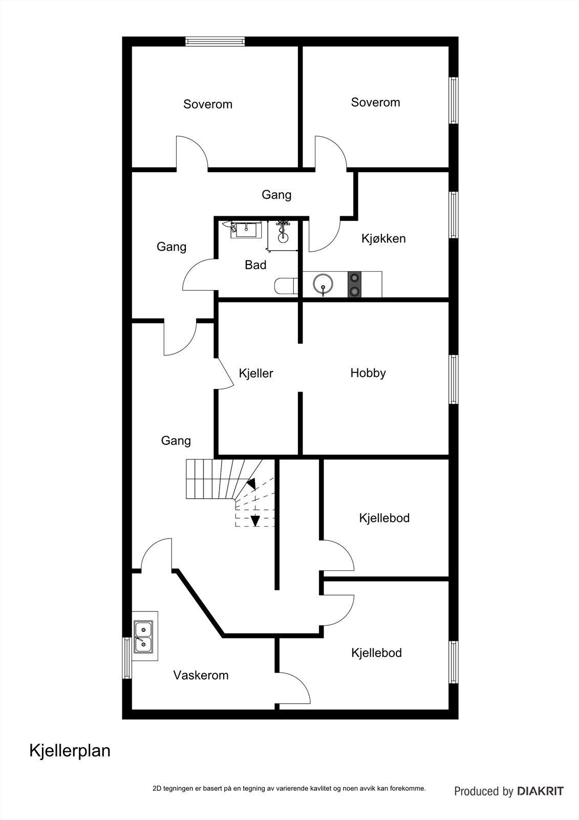 Plantegning kjeller. Rommene i kjeller var trolig byggemeldt som boder og innredning av rommene til bruk for varig opphold er antakelig ikke bruksendret/godkjent. Galleribilde