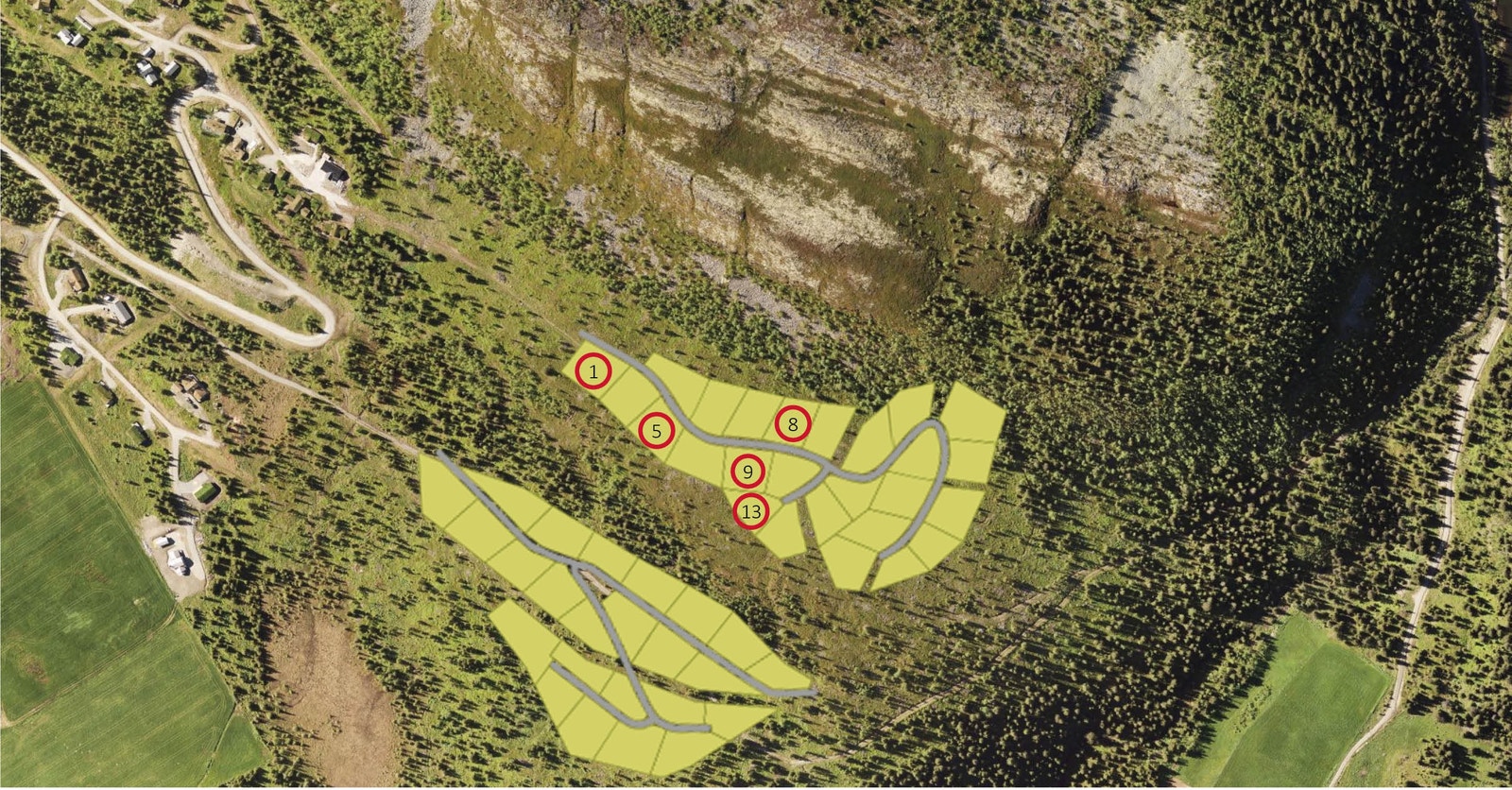 Her vises området med tomtene plassert i terrenget Galleribilde