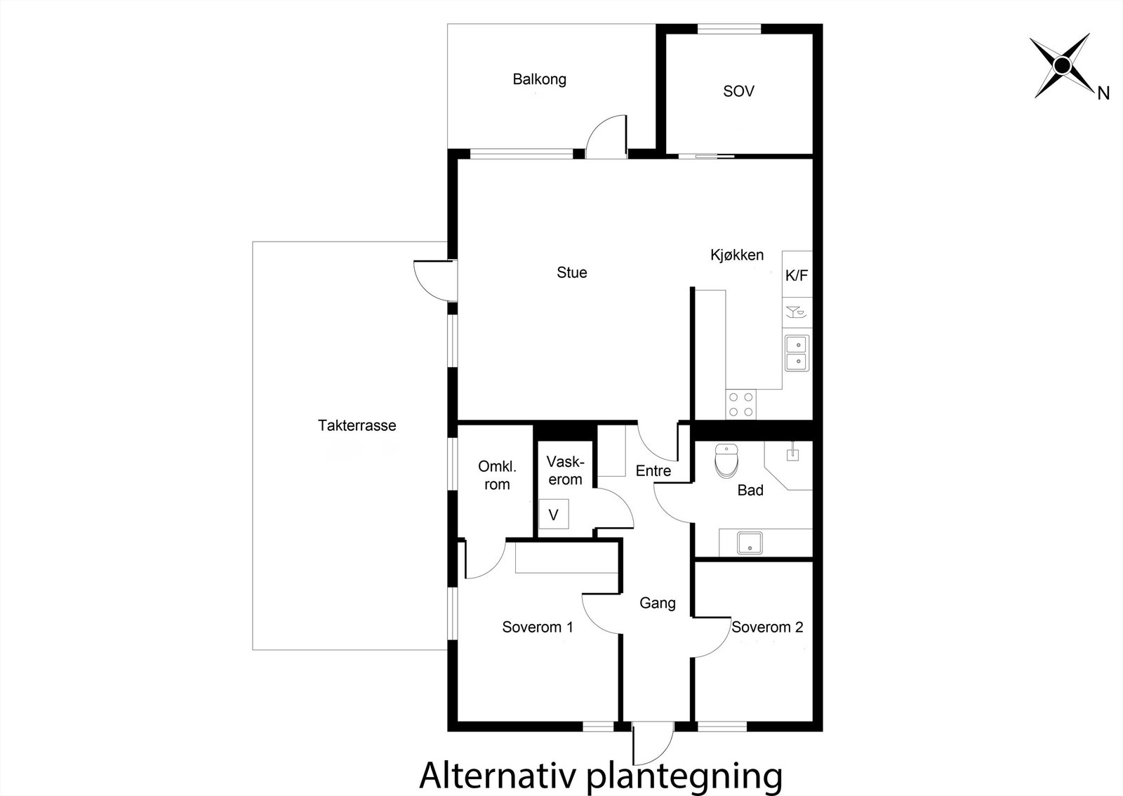 Alternativ løsning med 3 soverom slik den opprinnelig ble tegnet. Til illustrasjon. Galleribilde