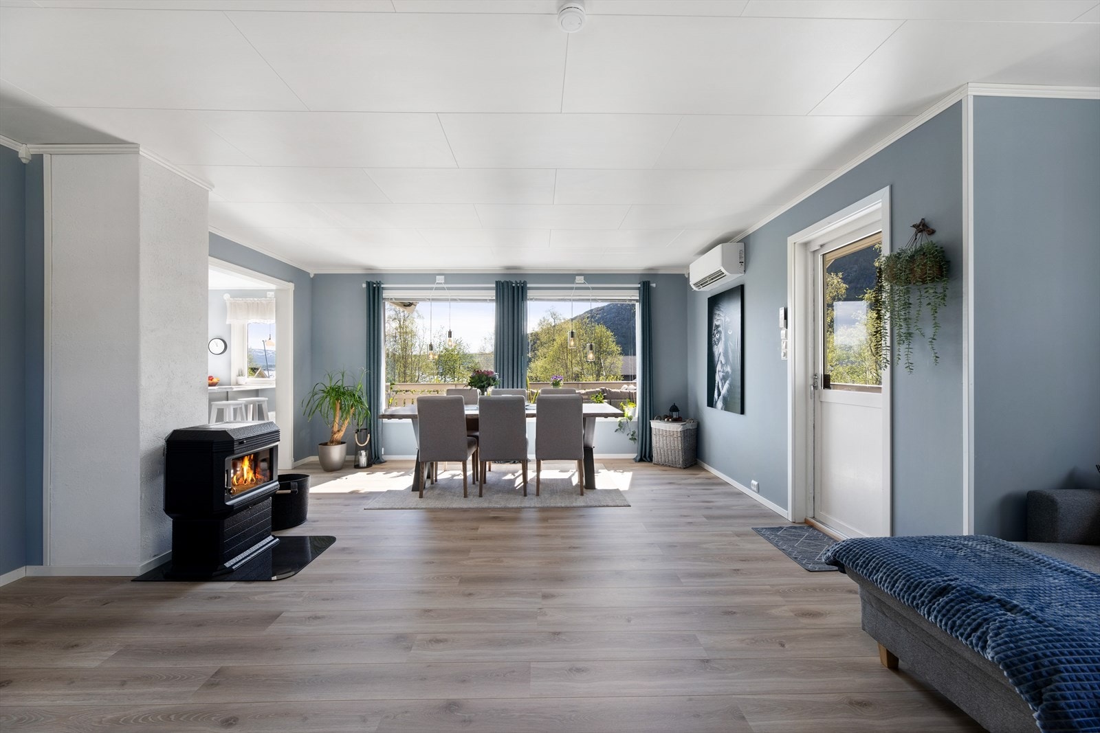 Stue med vedovn og varmepumpe Galleribilde