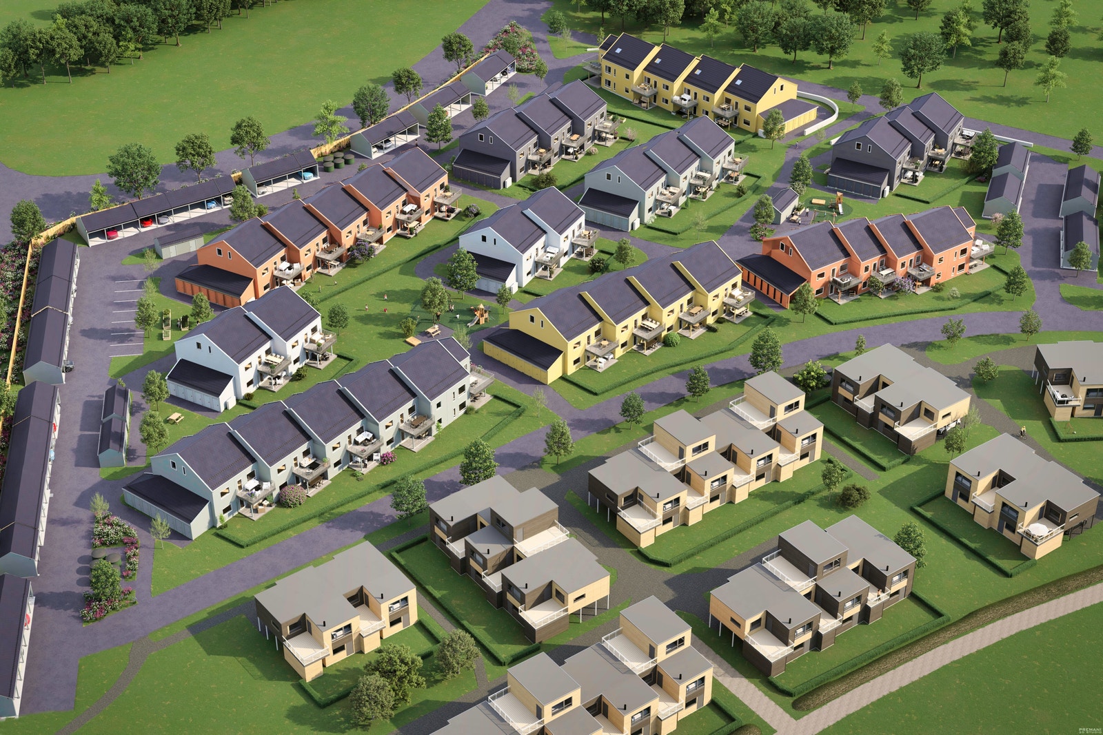 Noe av det som er unikt med Trysilhus er at vi
opparbeider grøntarealene samtidig med boligene, og
tilstreber at disse skal være mest mulig ferdig samtidig
som du flytter inn i leiligheten. Galleribilde