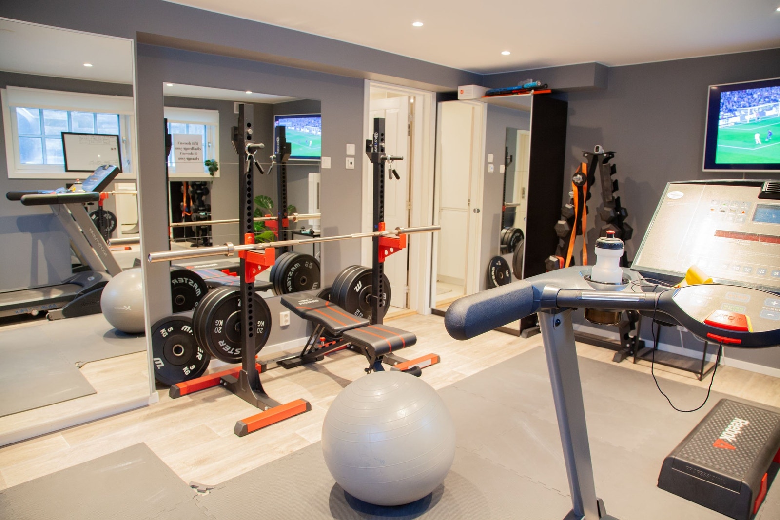 Gym - tredemølle, hantler, TV, Squat-rack Galleribilde