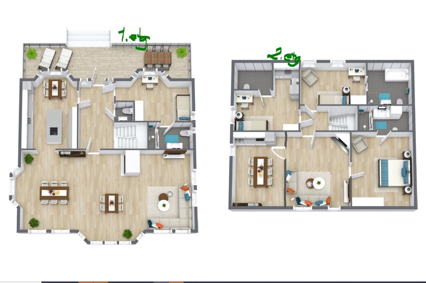 Plantegning for 1 og 2 etg. Der er også en nyoppusset underetasje med vaskerom og treningsrom/gym. Galleribilde