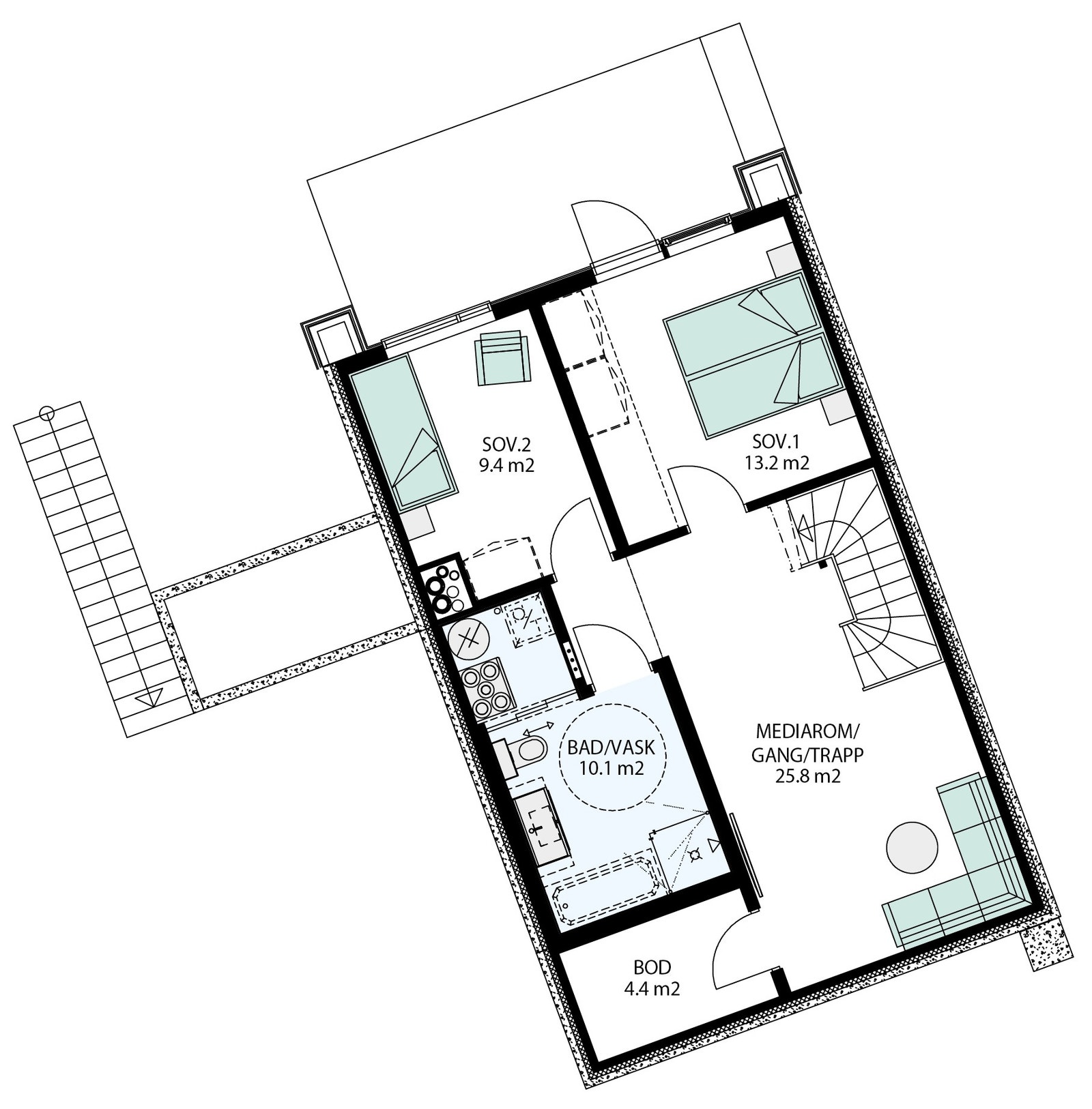 2 store soverom, utgang til hagen, flott mediarom/kjellerstue og komplett bad med praktisk nisje med skyvedører som skjuler vaskemaskin og VV bereder. Galleribilde