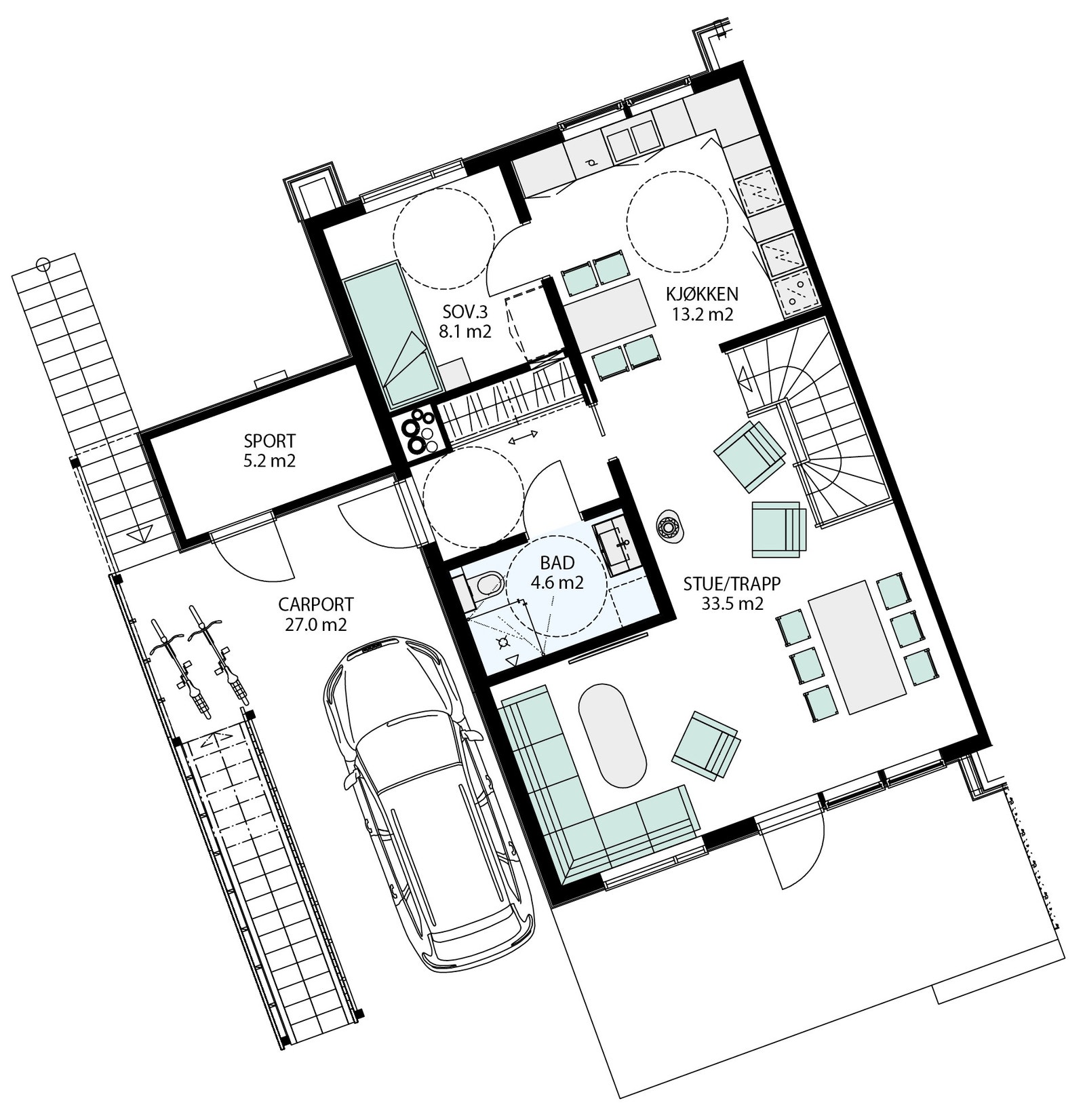 Stor entre med plass til romslig garderobe, stue med utgang til terrasse og et komplett bad. Galleribilde