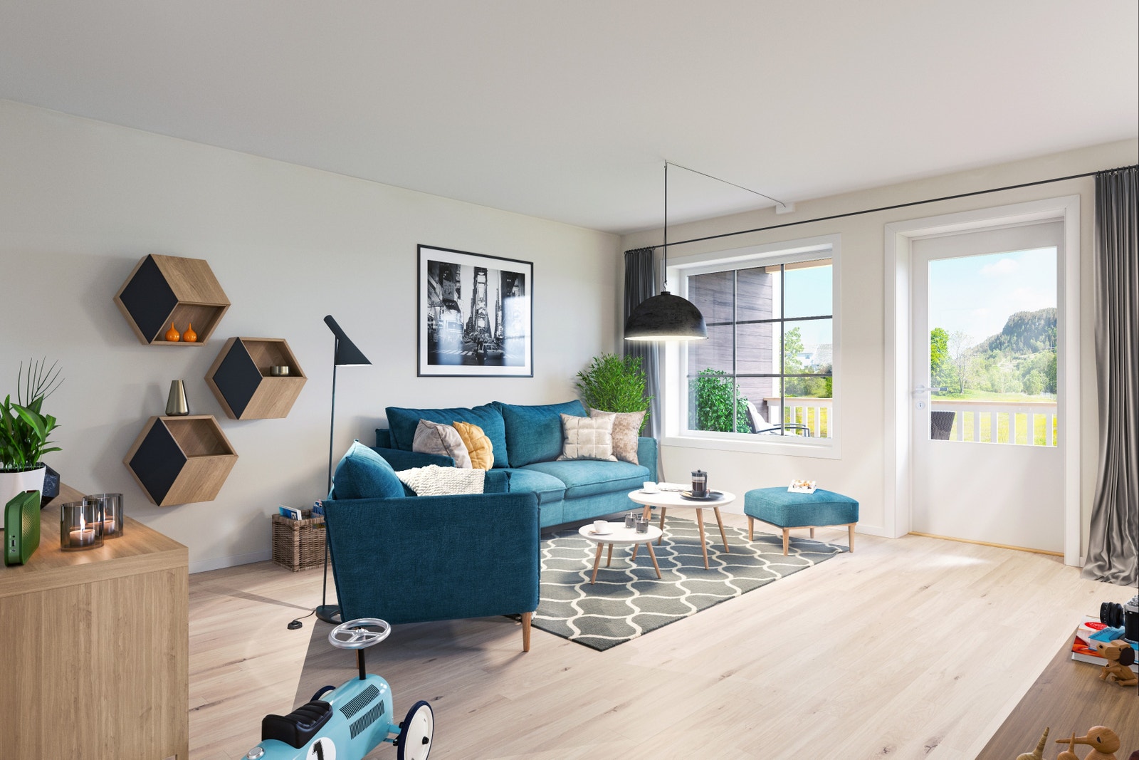 Stue med utgang til terrasse/balkong. Galleribilde