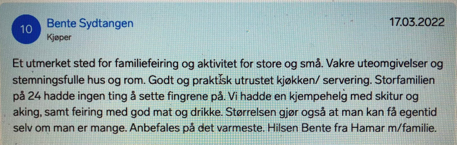Tilbakemelding fra kunde Galleribilde
