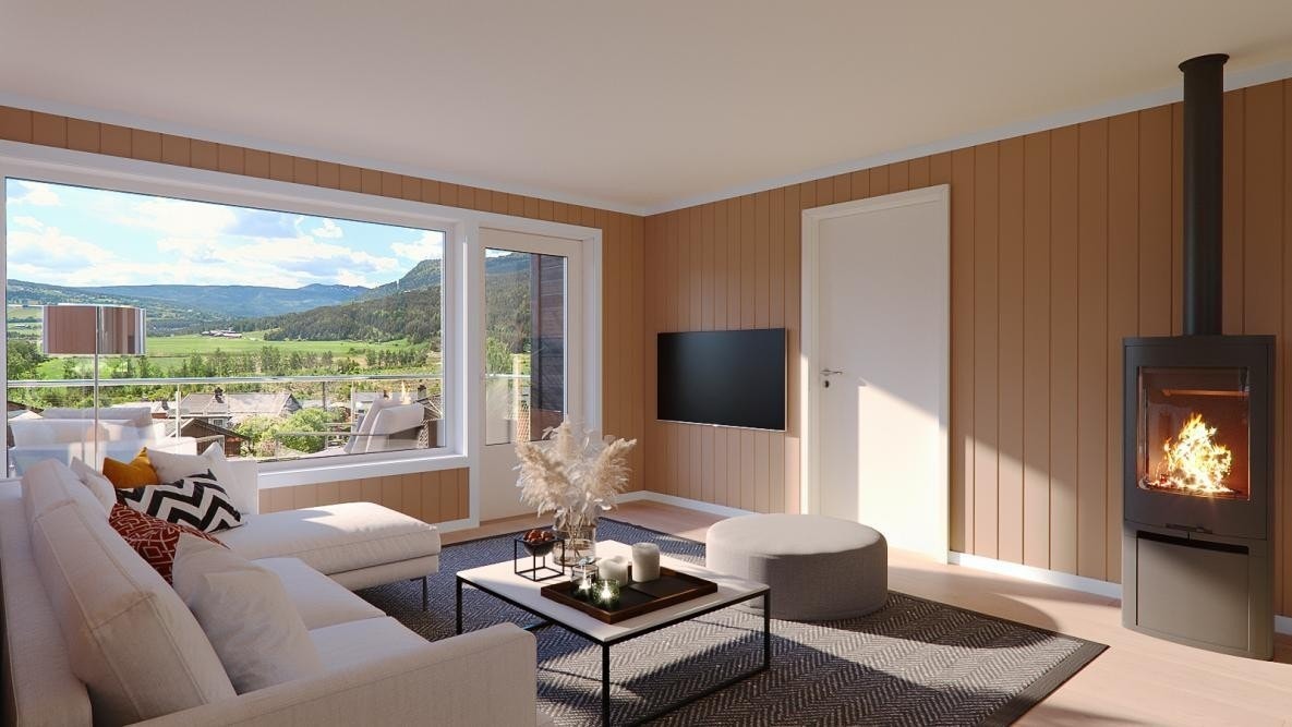 Lys og trivelig stue med utgang til terrrasse med gode solforhold. Merk at dette er en illustrasjon som kan avvike fra det endelige resultatet. Galleribilde