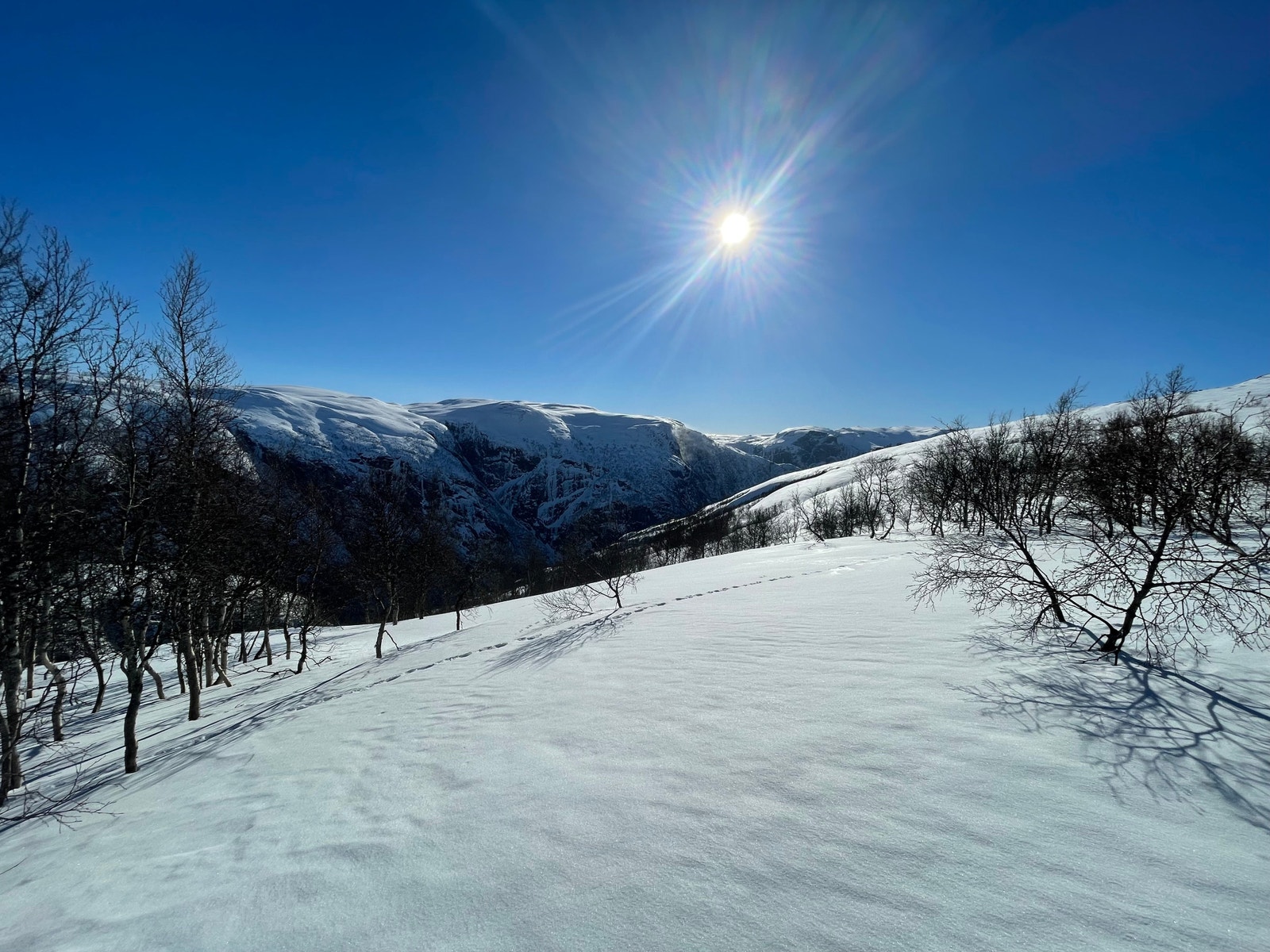 Utsikt fra Hengelia, mot Hellefjell og utover Måbødalen. Mars 2022. Galleribilde