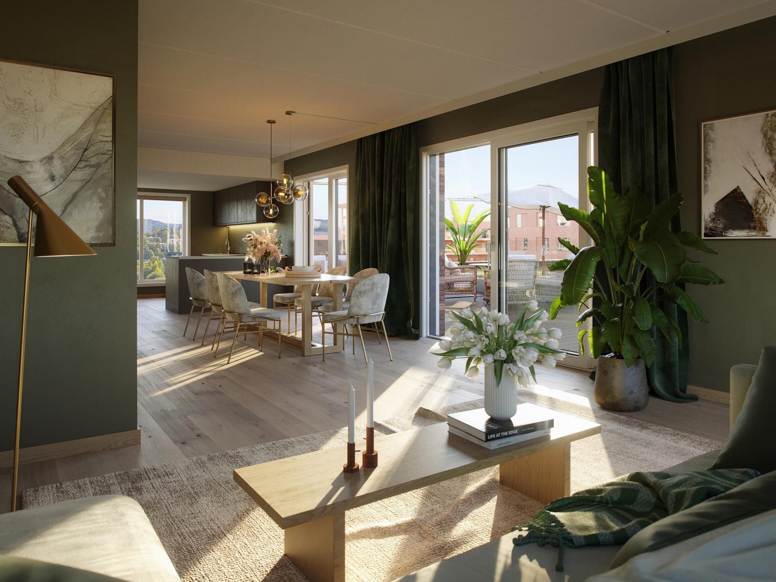 Illustrasjon av stue/kjøkken i stil Mynte. Galleribilde