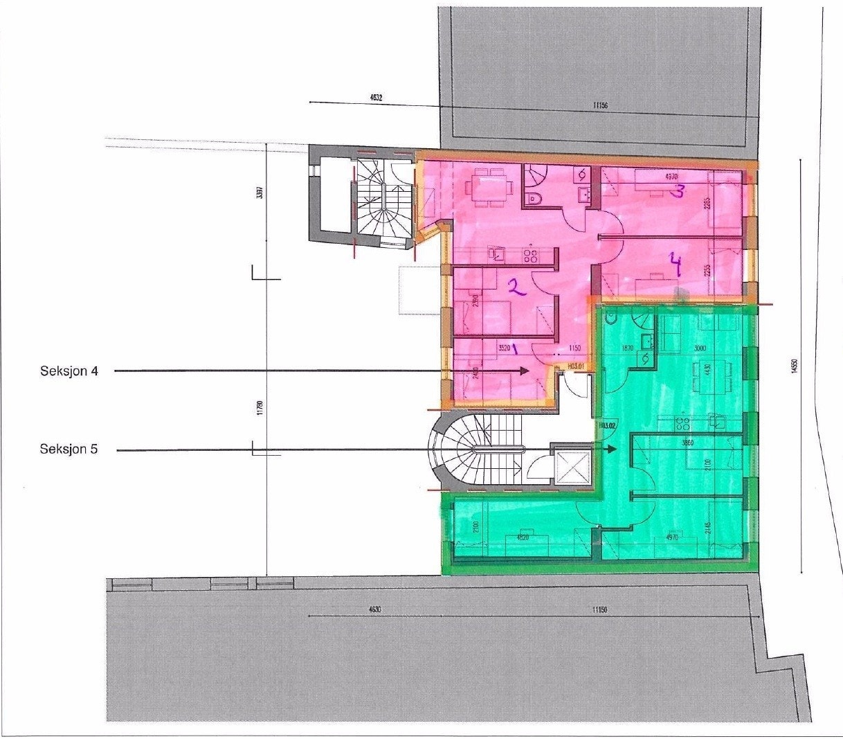 Plantegning markert i rosa. Galleribilde