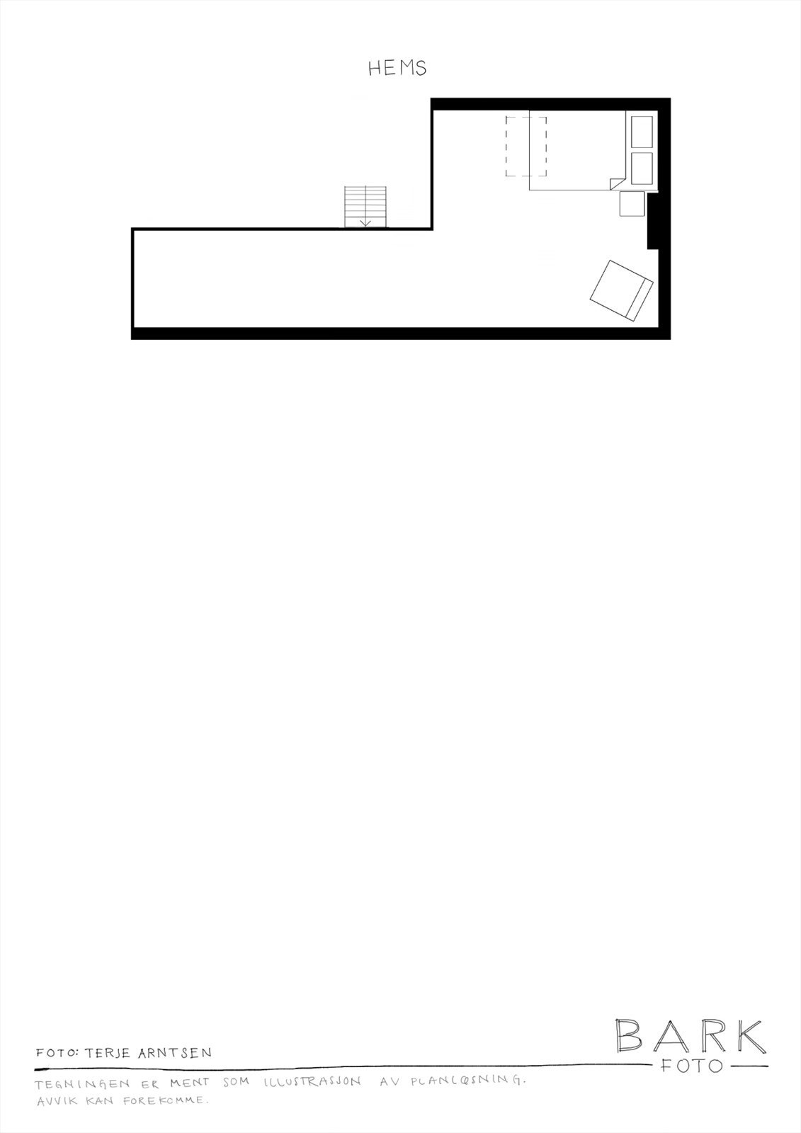 Planskisse hems. Denne har et ikke målbart areal (grunnet skråtak) på ca. 18m². Galleribilde