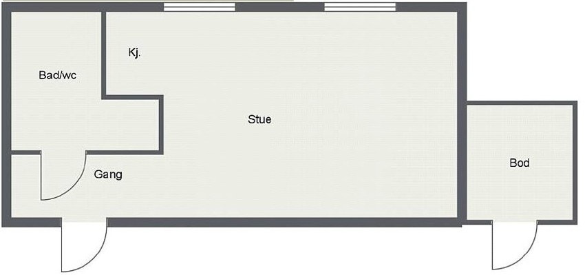 Plantegning over leilighet. Bod vegg i vegg disponeres igjennom sameiet og er en del av sameie sitt fellesareal. Galleribilde