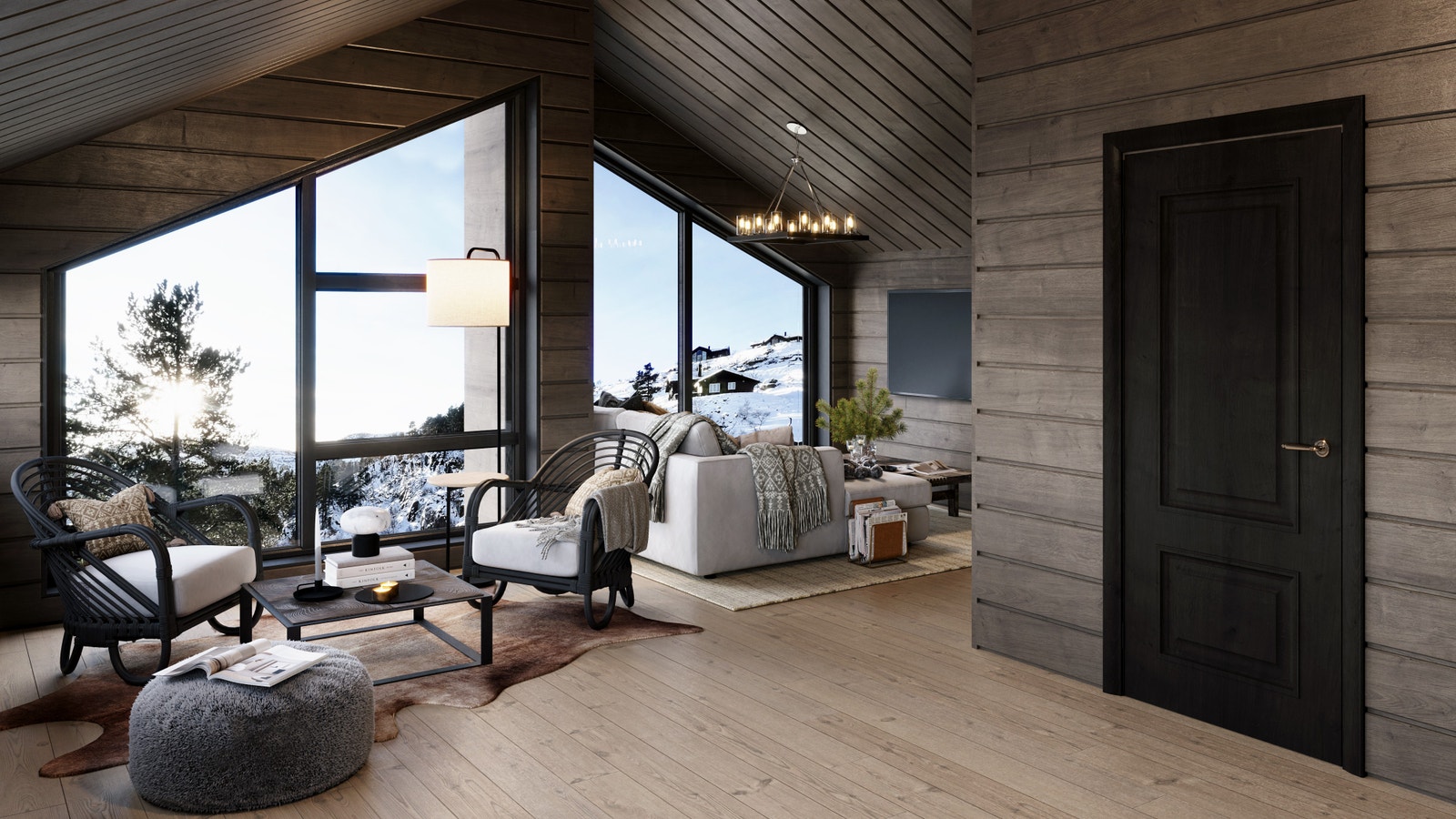 Et bilde som viser stuen med de store vinduene og det gode lyset i denne flotte hytten med et moderne preg - 4 soverom totalt
(Bildet inneholder tilvalg) Galleribilde