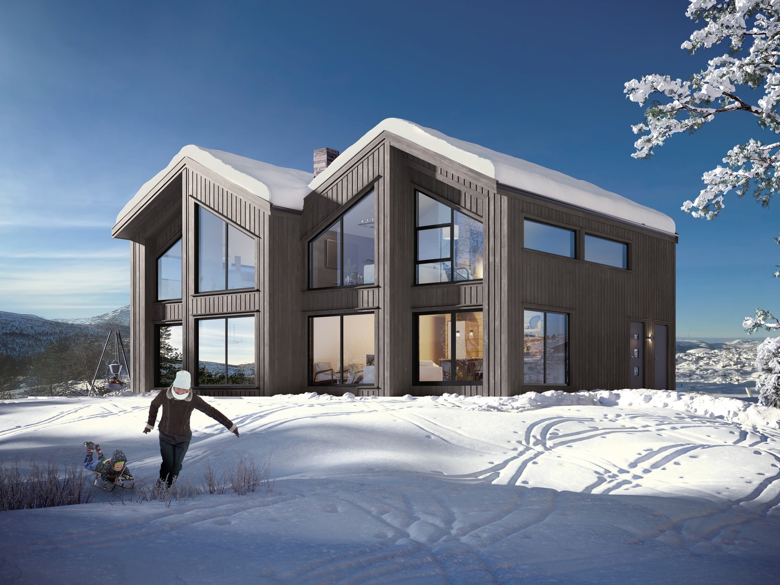 Dette er en praktisk seksjon i en dobbelhytte, med store vinduer og god plass, bl.a. 4 soverom. Fra hytten er det kort avstand til alt på Knaben! Inkludert til angrennsløypene som går rett utenfor Galleribilde