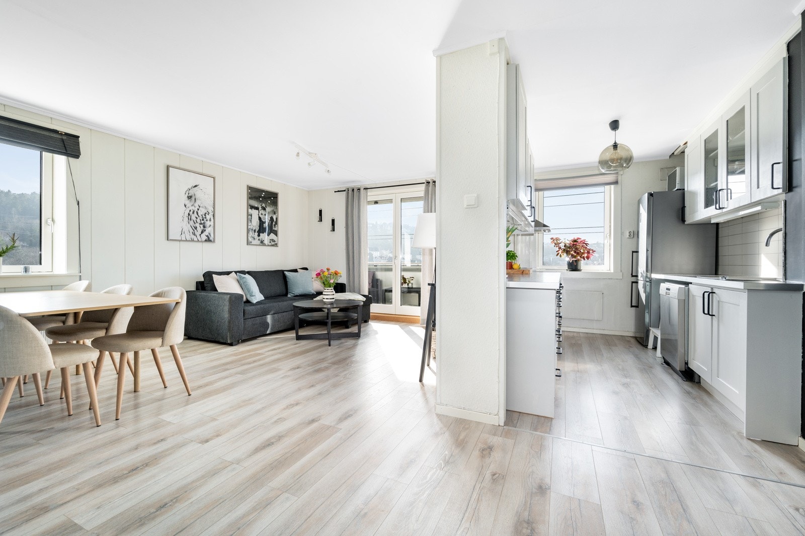 Delvis åpen løsning mellom stue og kjøkken. Galleribilde