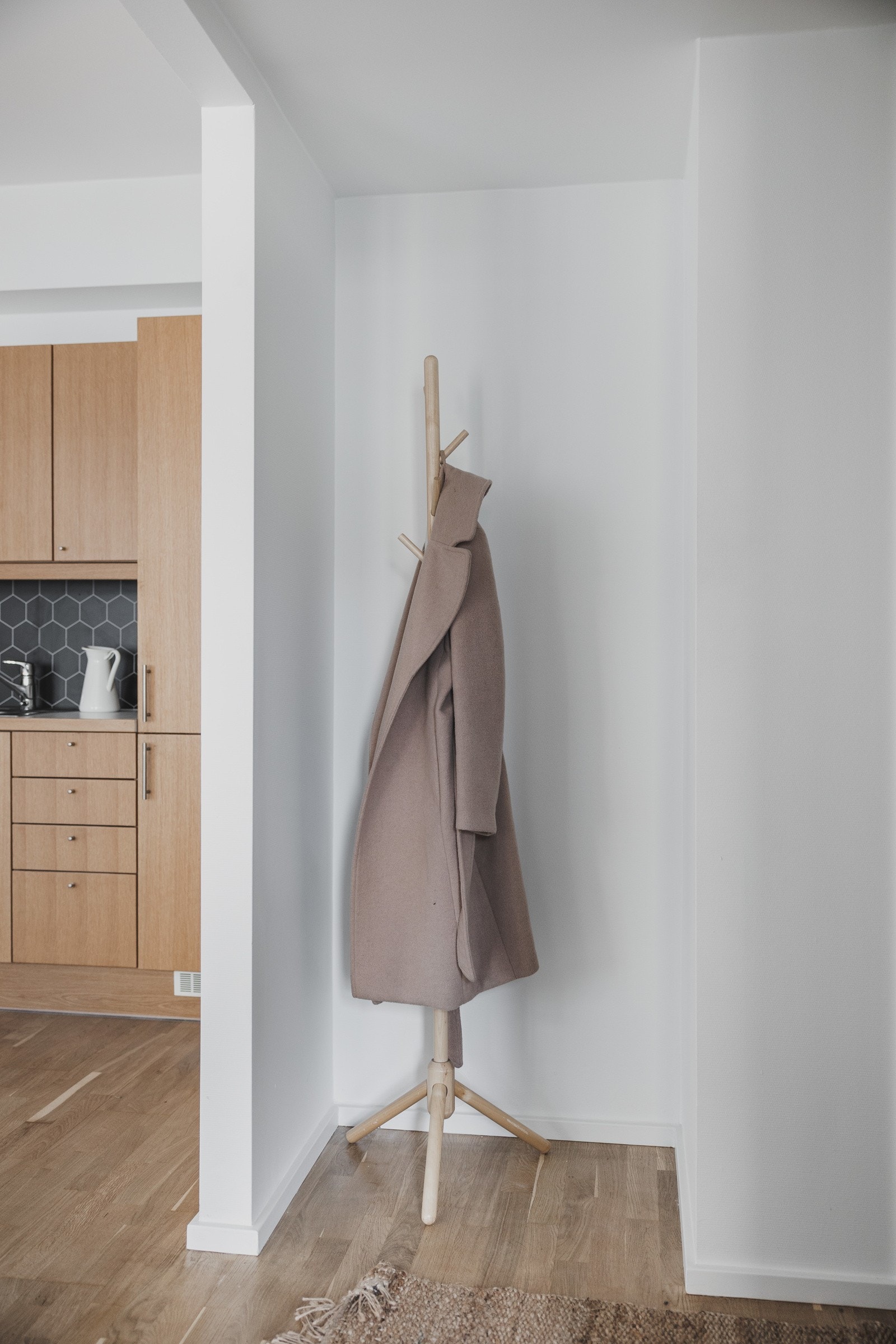 Leilighetens entré har plass til å henge fra seg yttertøy og oppbevare sko Galleribilde