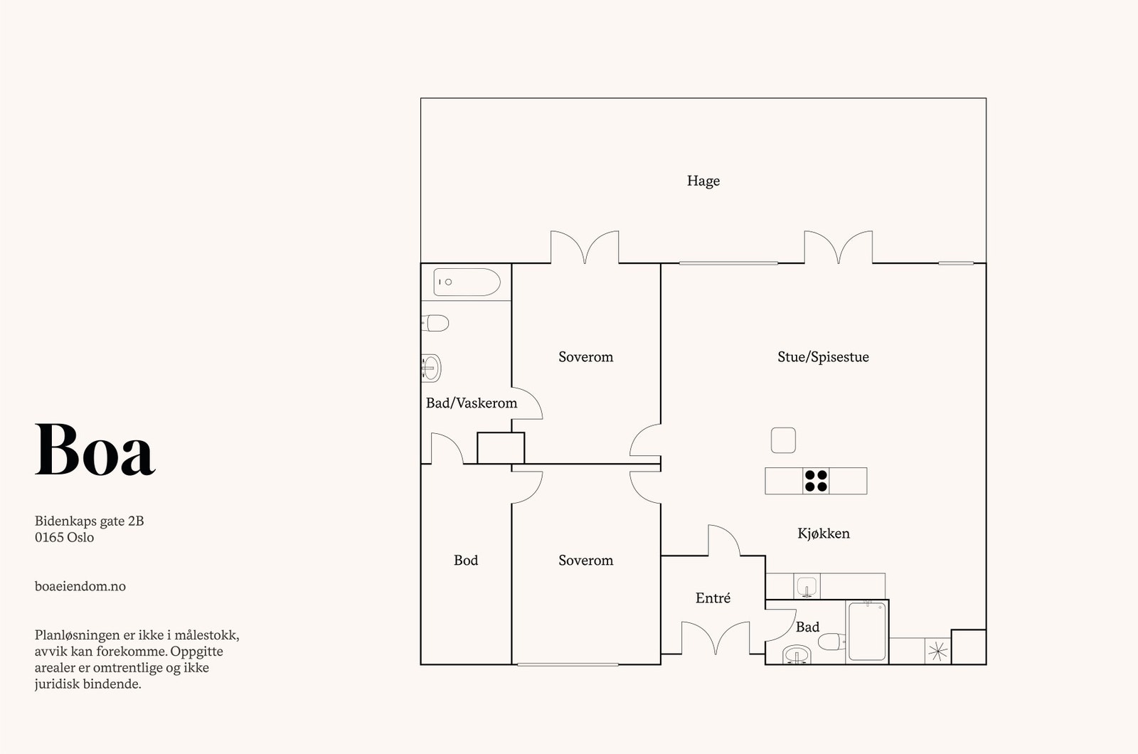 Boligen inneholder: Entré, bad, stue/kjøkken, to soverom og bad/vaskerom. Bod. Galleribilde