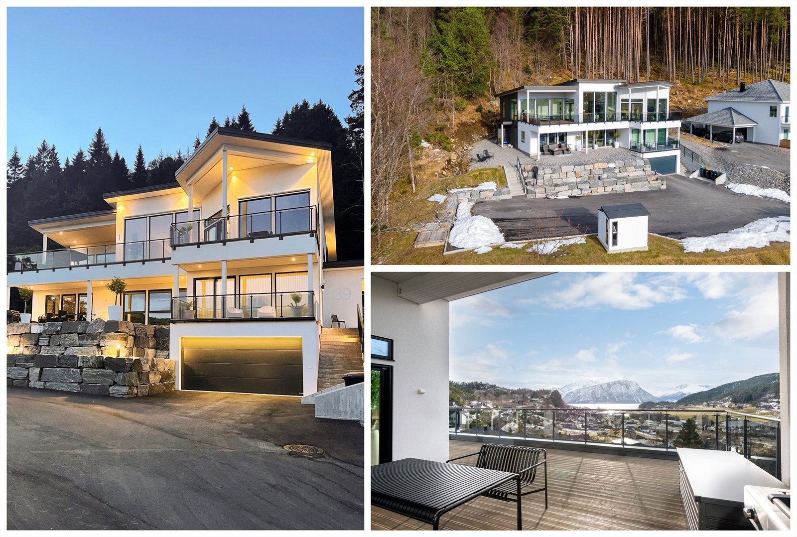 Fasade i kveldsstemning og i dagslys, samt veranda med spektakulær utsikt Galleribilde