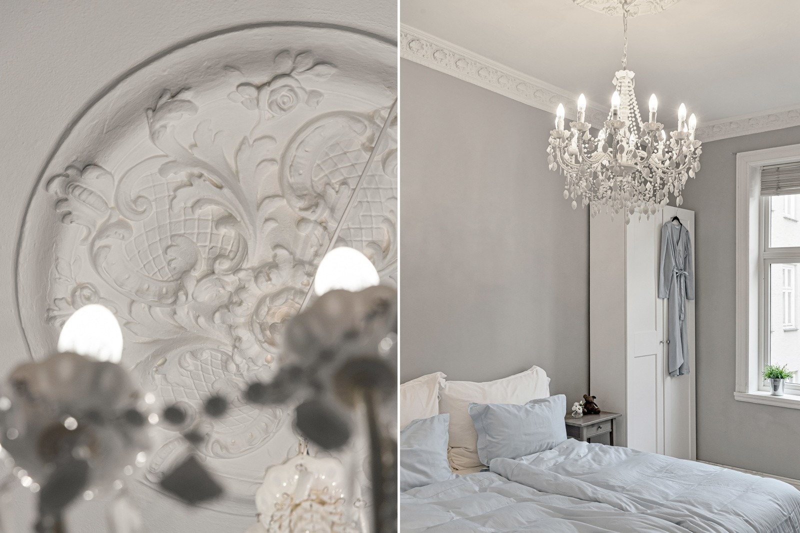 Originale rosetter og stukkatur, kombinert med en takhøyde på over 3 meter, skaper en herlig romfølelse. Galleribilde