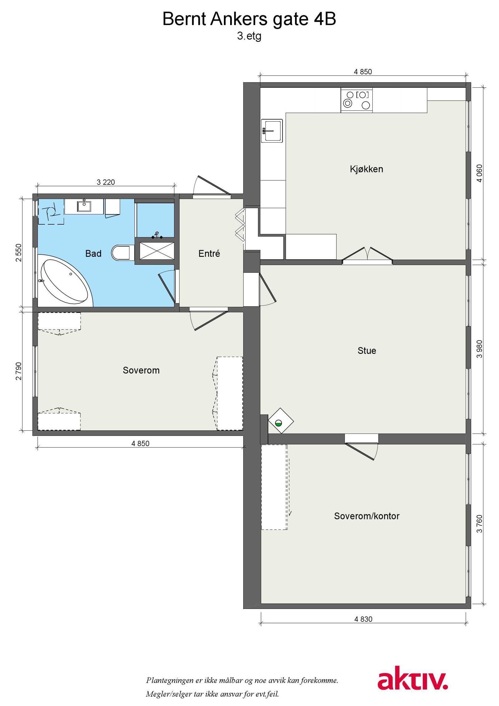 Leiligheten ligger i 3.etg og består av entré, bad/wc, to soverom, kjøkken og stue. Boligen disponerer også to loftsboder, på 8,5 og 6 kvm. Galleribilde