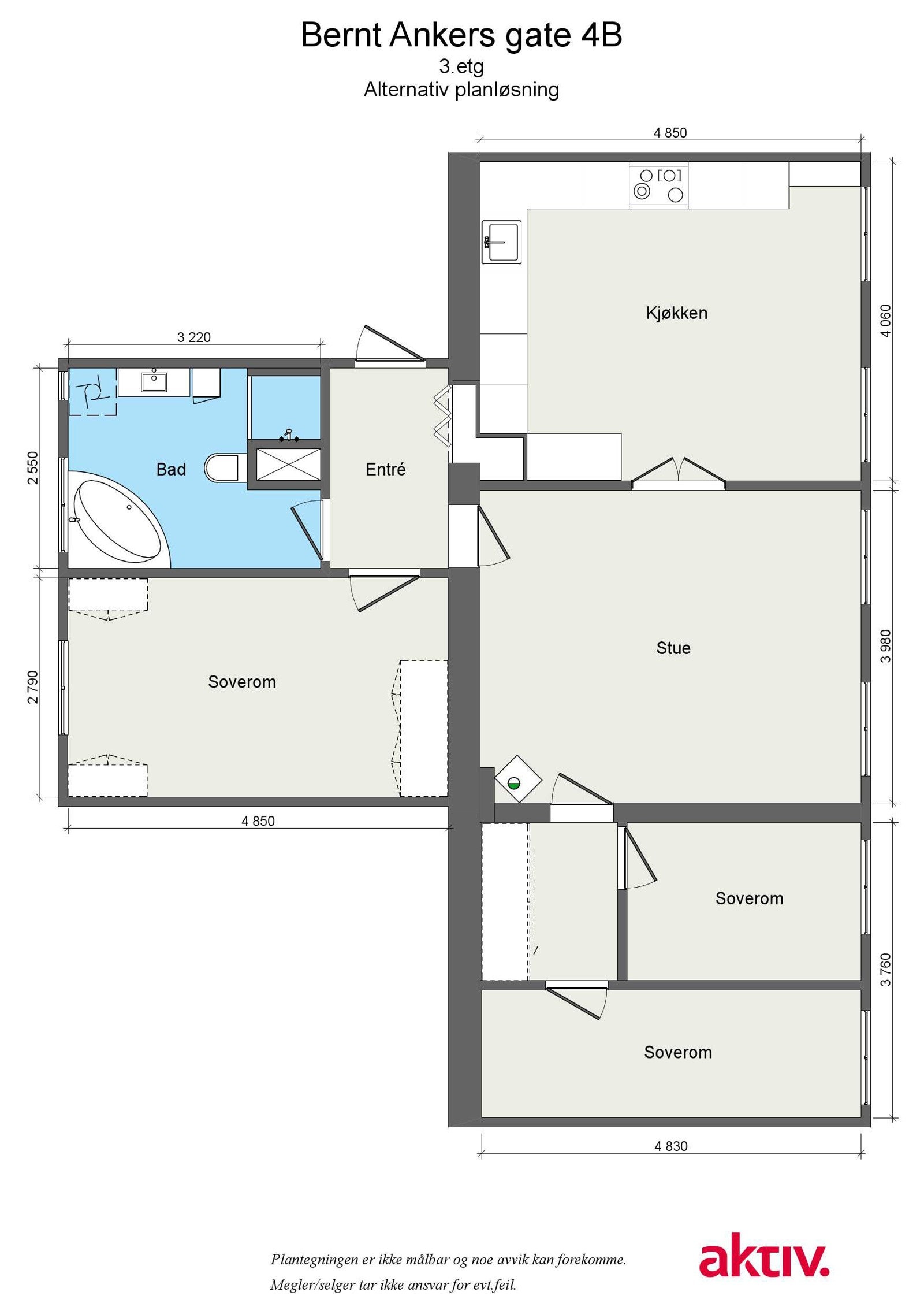 Alternativ planløsning for å muliggjøre et ekstra soverom. Galleribilde