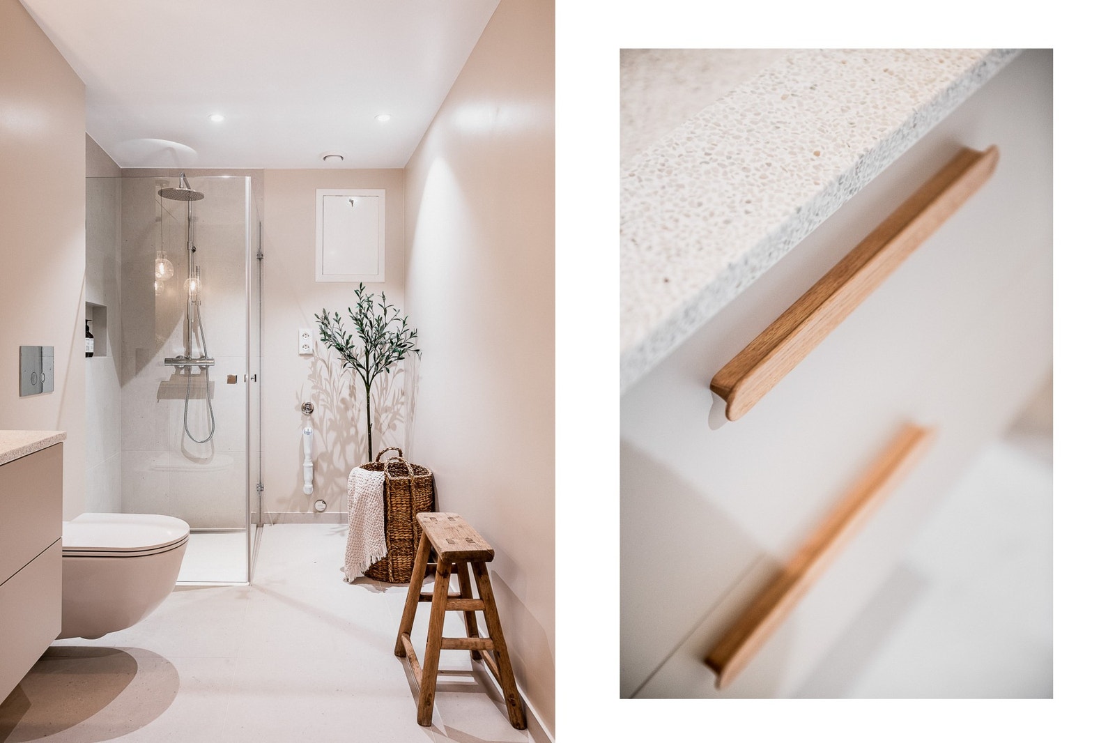 Flott baderom med high-end innredning. Dusj, trykknapper og blandebatteri fra Tapwell. Galleribilde