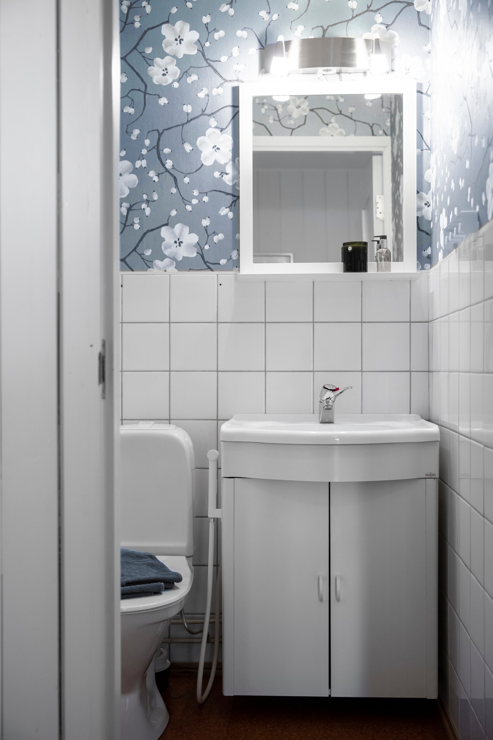 Toalettrom med vegger av malte flater og fliser. Galleribilde