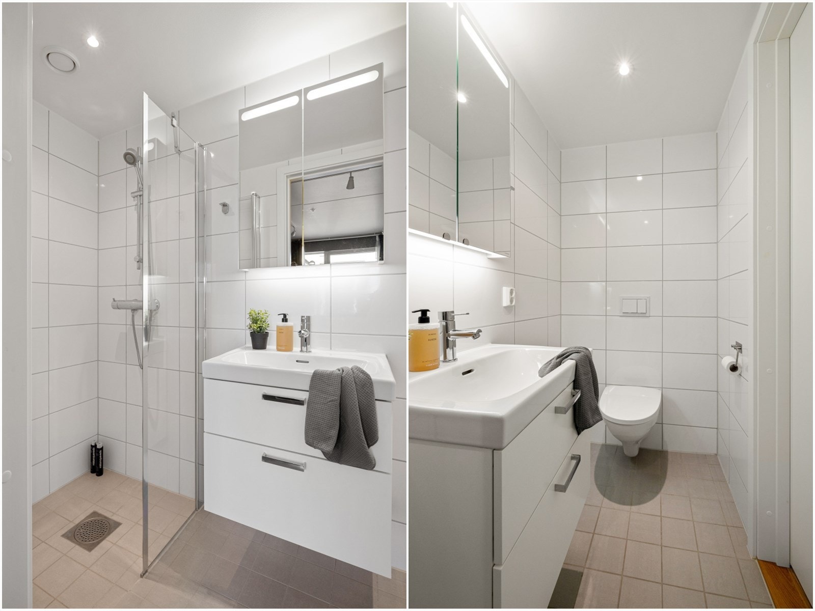 Lagringsplass i speilskap med belysning, og i doble skuffer under servanten. Galleribilde