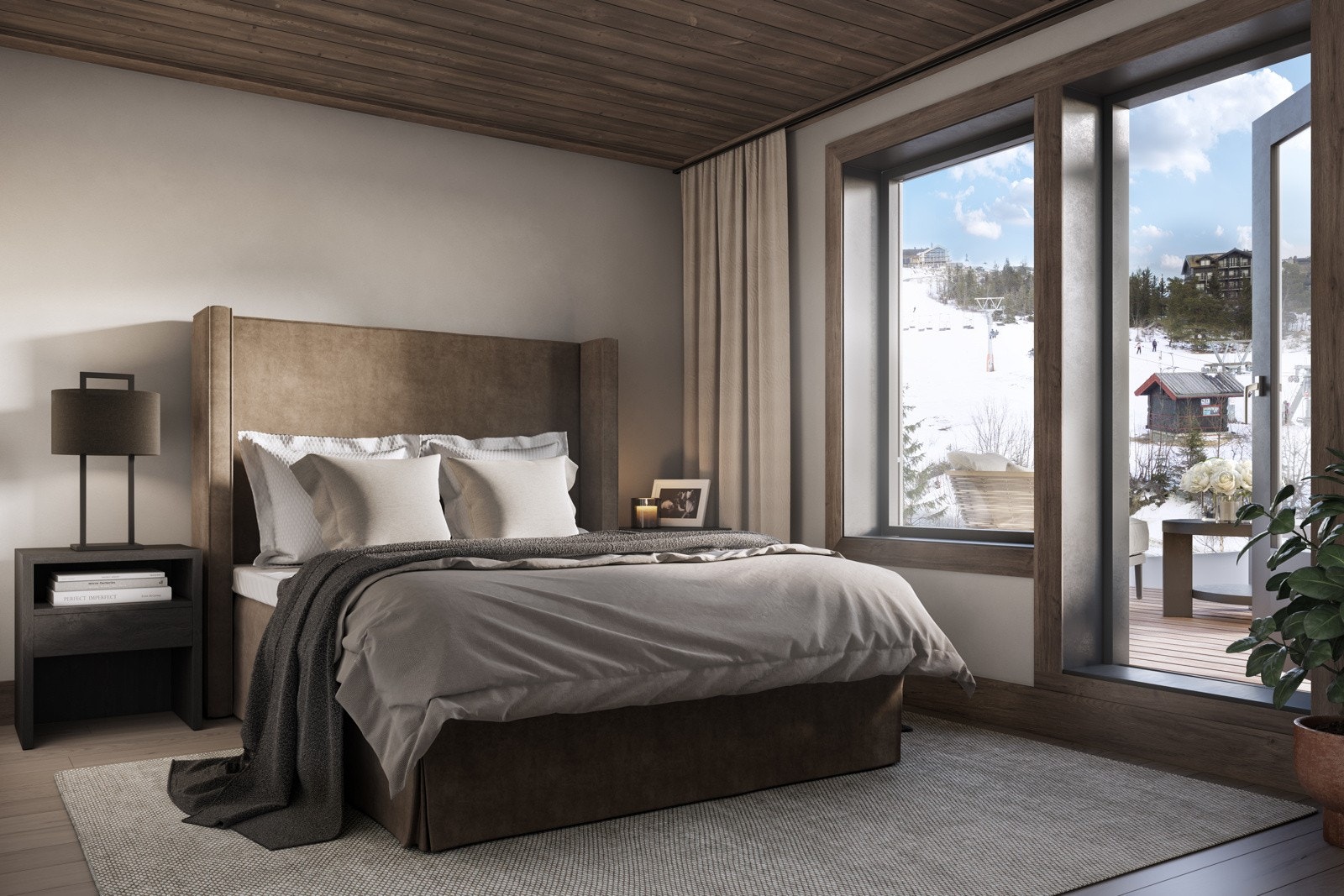 Hytta får fire store soverom med god plass for garderobeløsning. Det ene soverommet i første etasje er tiltenkt som master bedroom med en romslig utforming og direkte tilgang til eget bad og utgang til terrasse Galleribilde