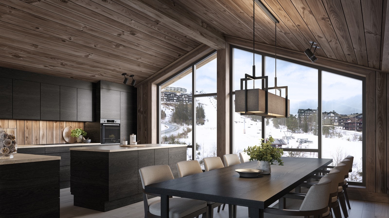 Kjøkkenet leveres av NYBO med innredning i sort eikefinér. Det vil bli levert skuffer og skap med dempere. En smakfull innredning som harmonerer med det naturlige lyset i boligen. Det blir levert integrerte hvitevarer fra kvalitetsleverandøren Siemens Galleribilde