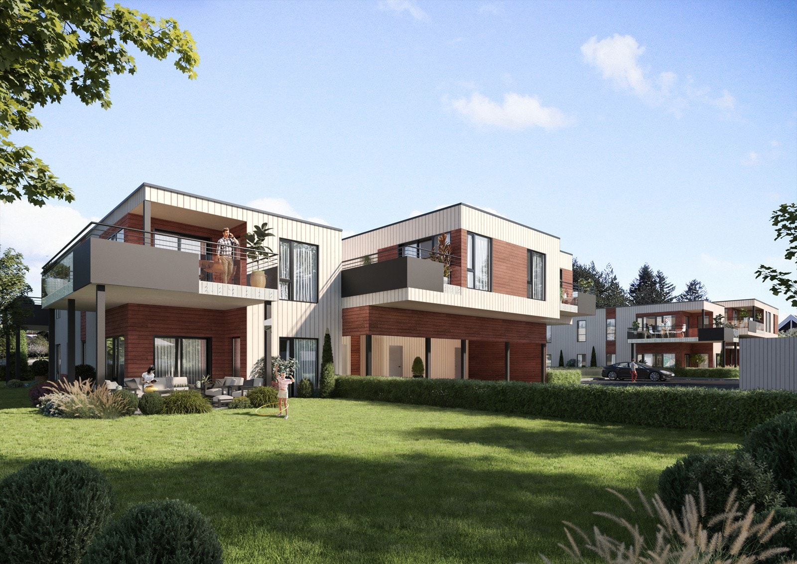 Lettstelte leiligheter med gangavstand til Søndersrødtunet med bl.a. stor dagligvarebutikk. Bygg B i bakgrunnen Galleribilde