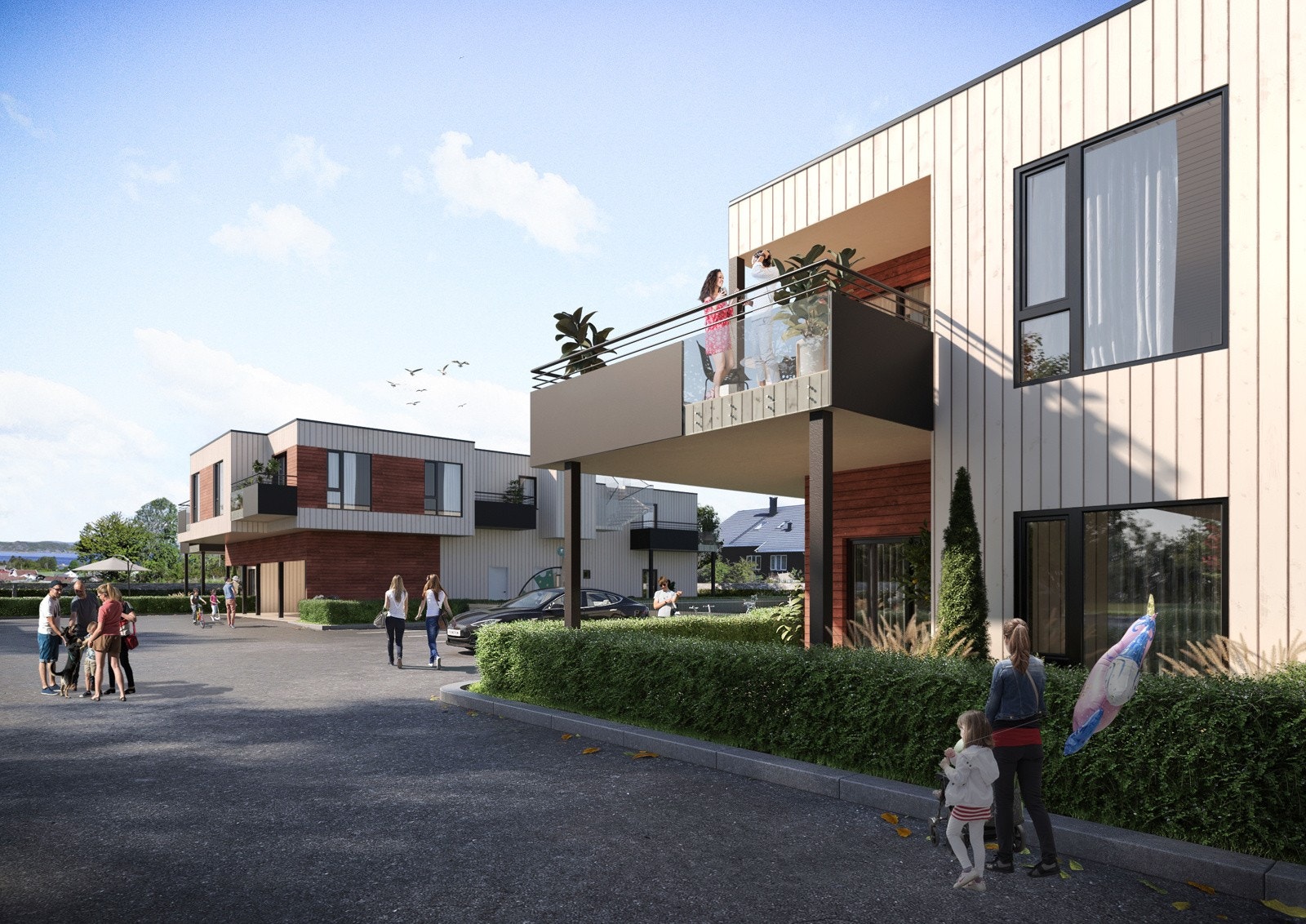 Et lekkert boligprosjekt med flotte fellesarealer mellom byggene - bygg B i bakgrunnen Galleribilde