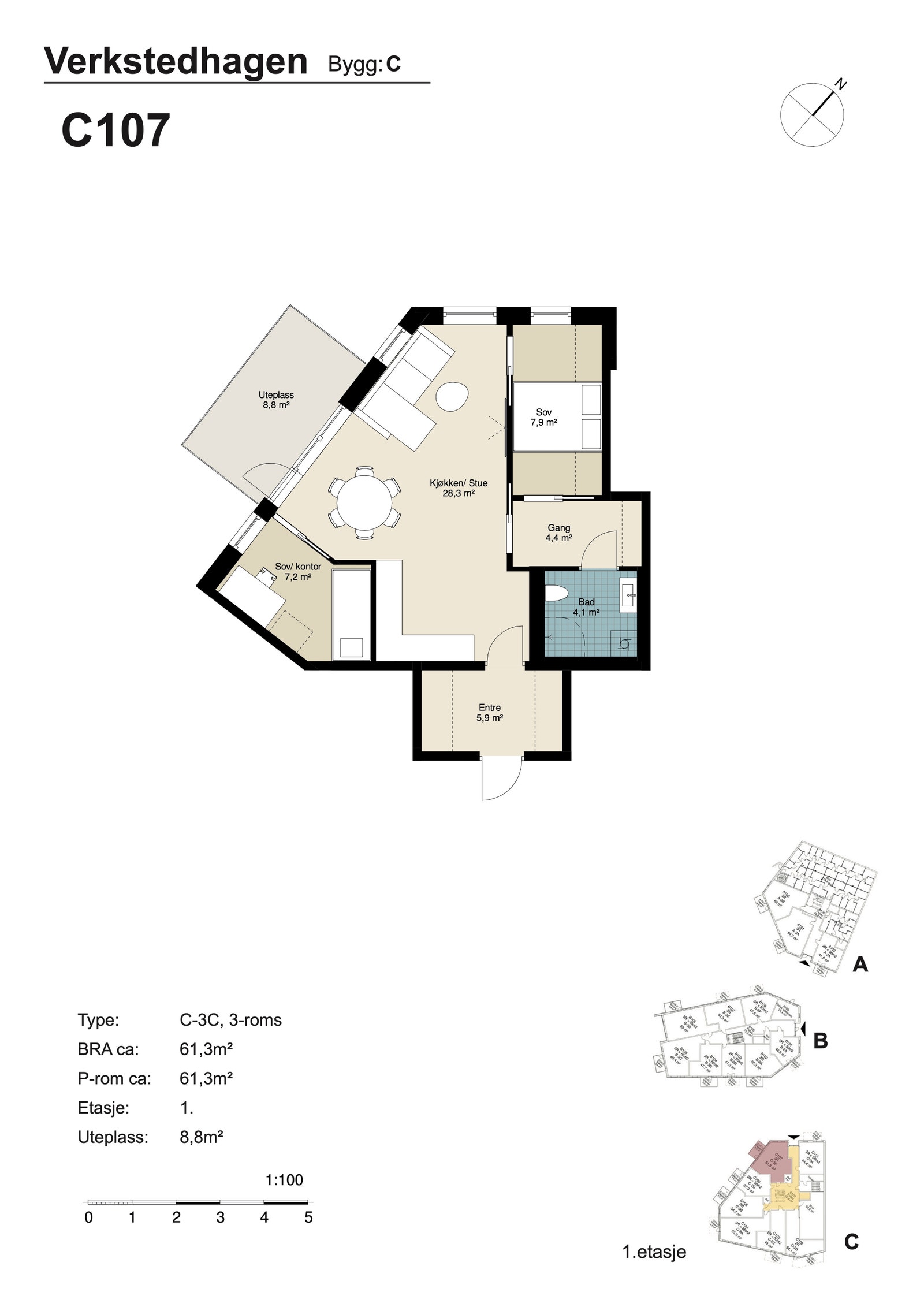 Vestvendt 3-roms på 61,3 m2 - Privat markterrasse på 8,8 m2 Galleribilde
