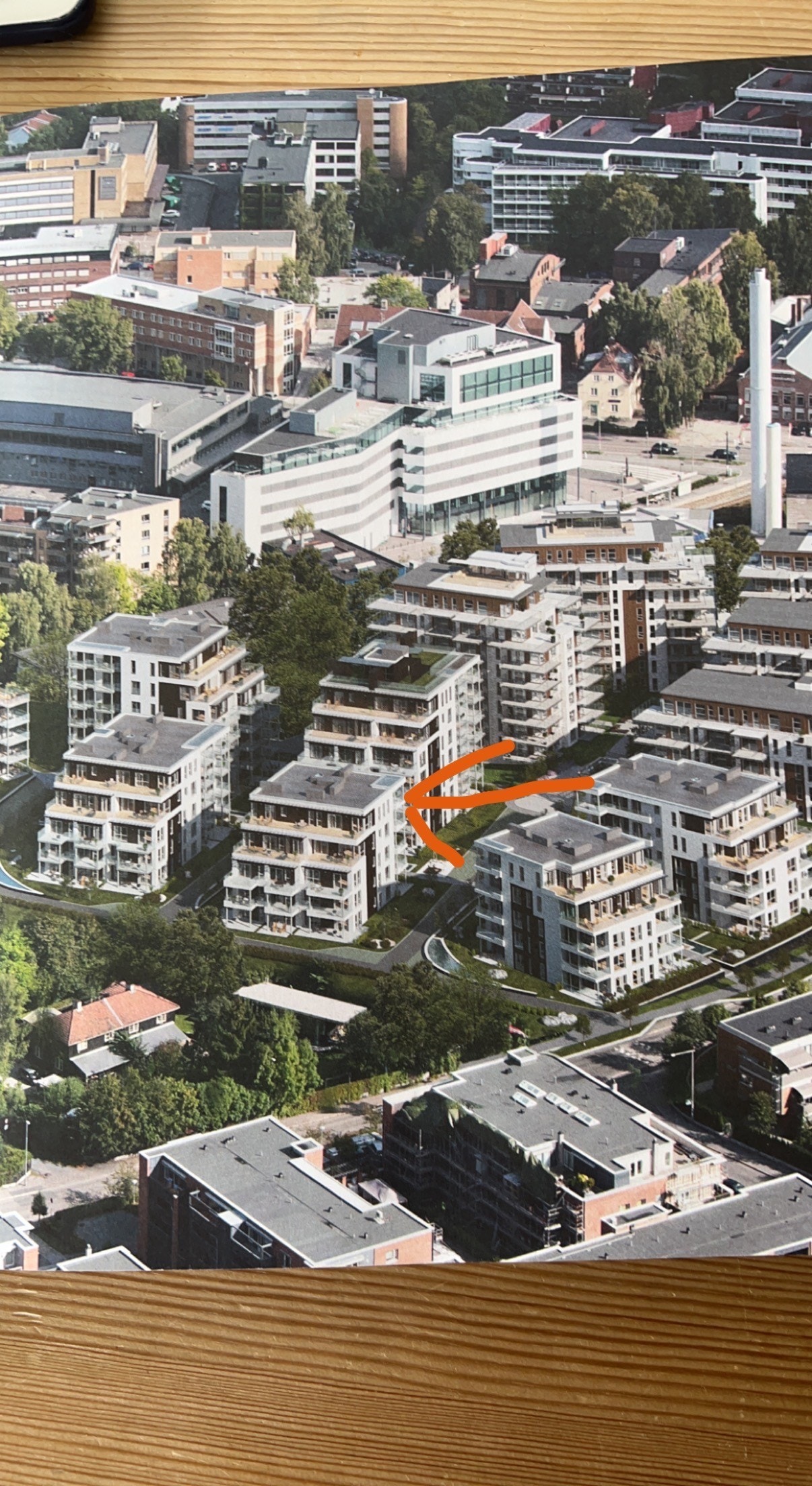Prosjektbilde, rød pil viser plassering leilighet. Galleribilde