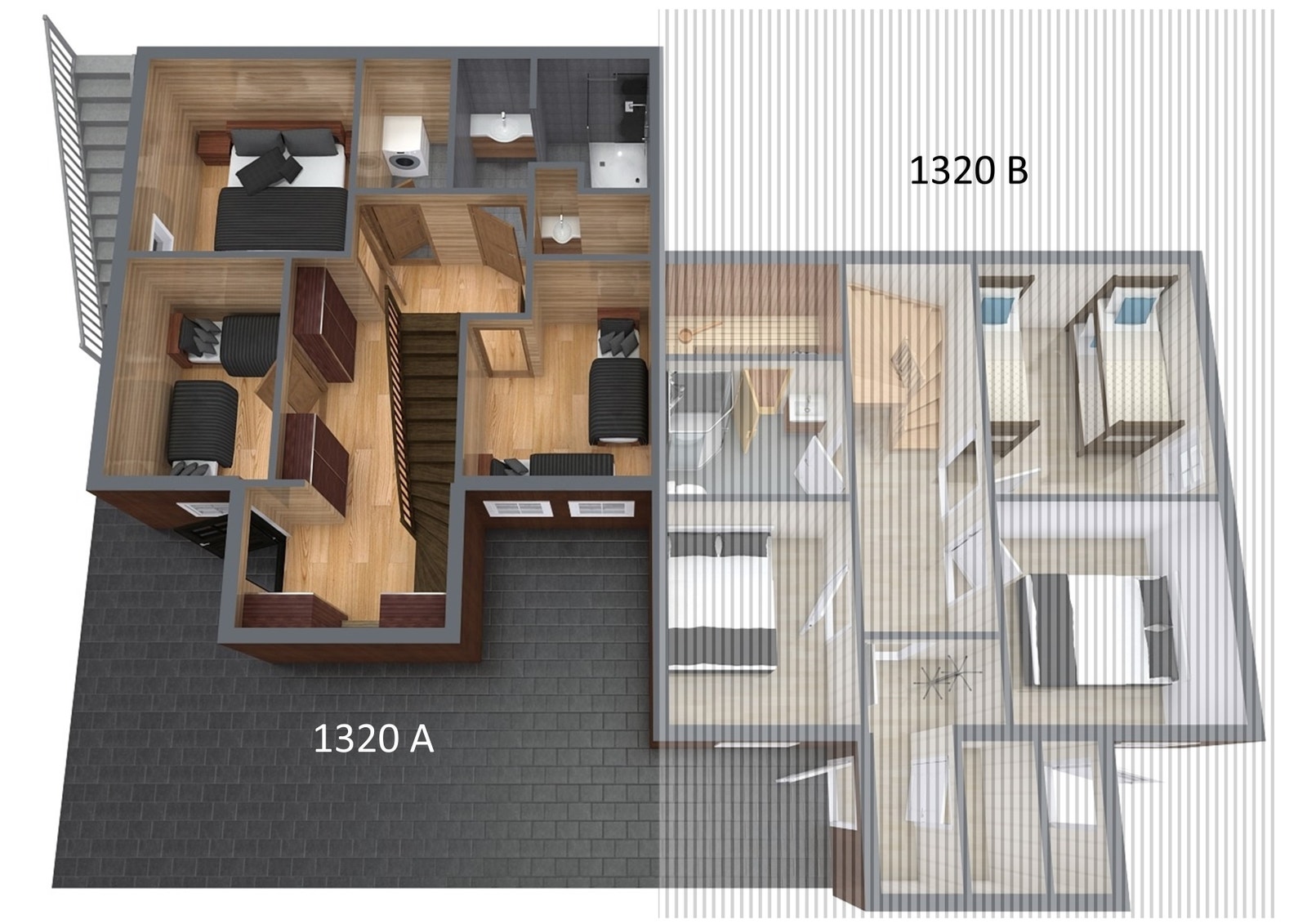 Planløsning i kjeller. 1320A til venstre og 1320B til høyre. Galleribilde